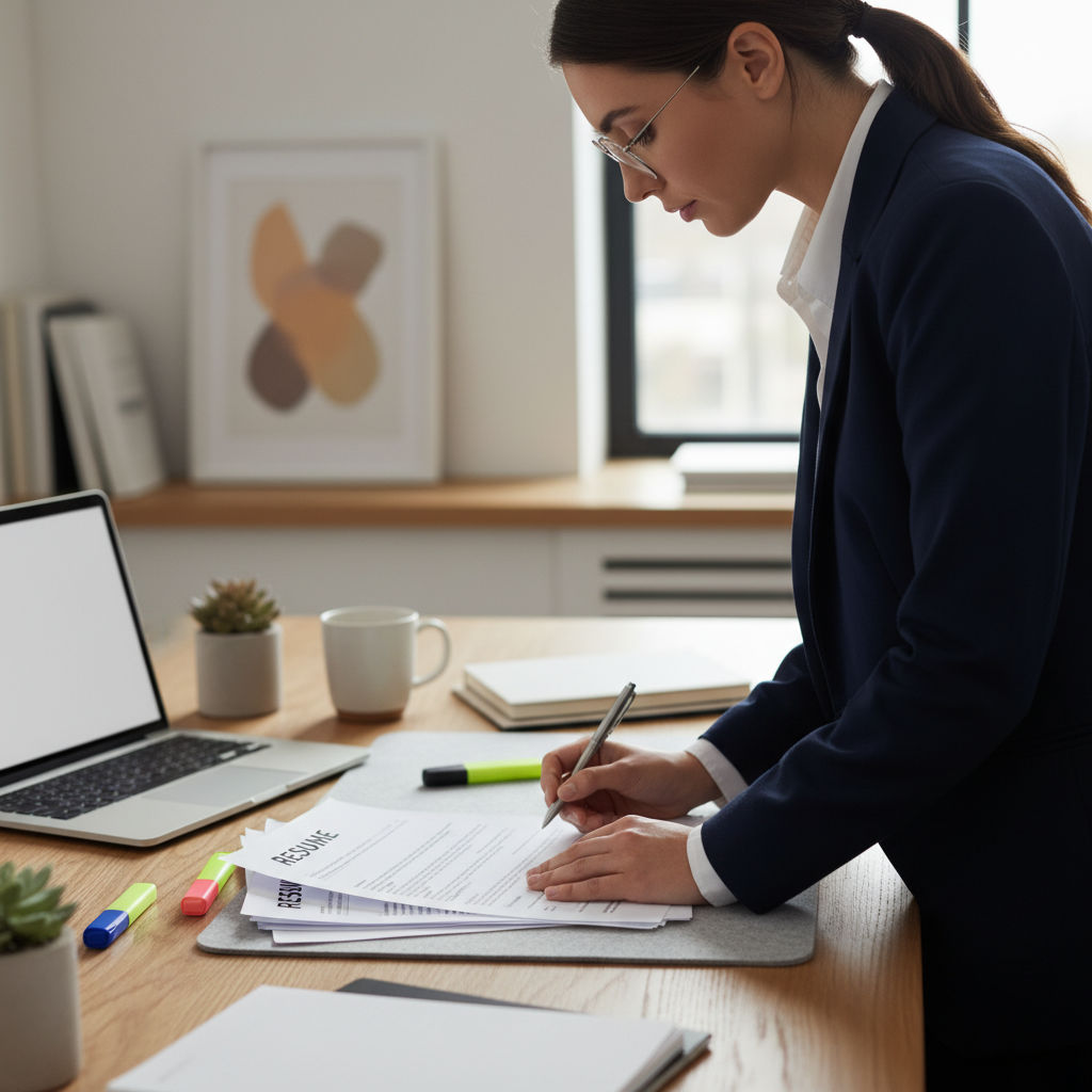 Professional reviewing lawyer resume example on clean desk with pen and glasses