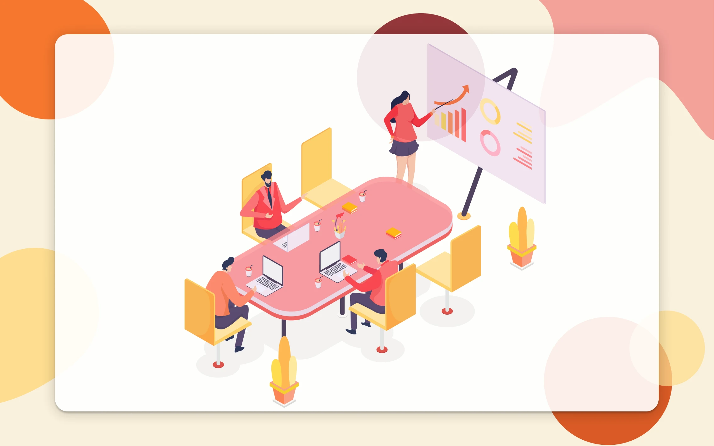 An image showing a team meeting with a central figure presenting data analysis to colleagues seated around a table