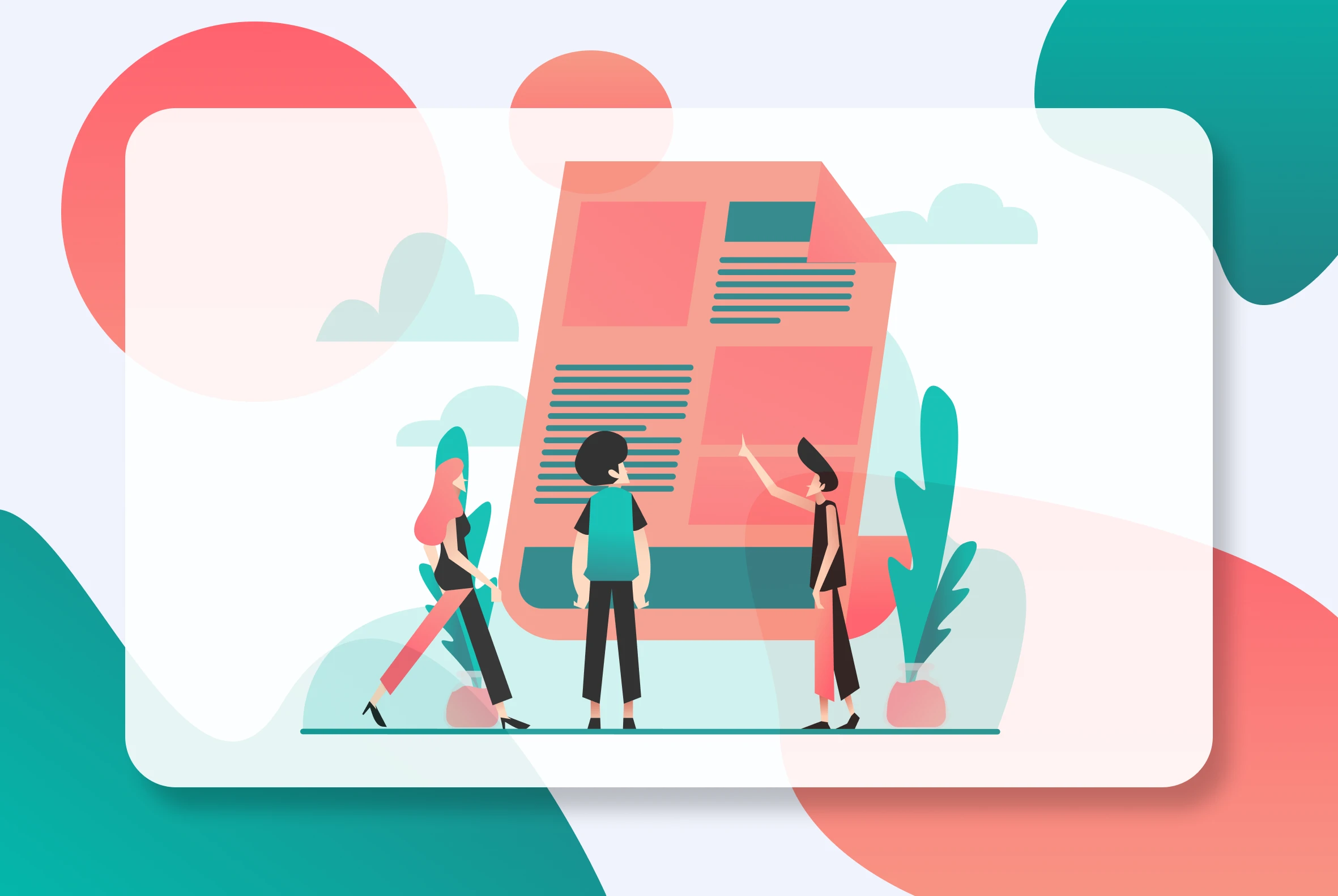 Kreskówkowe postacie są przedstawione strategicznie planując nad dużym dokumentem, z jedną postacią zaznaczającą go czerwonym długopisem