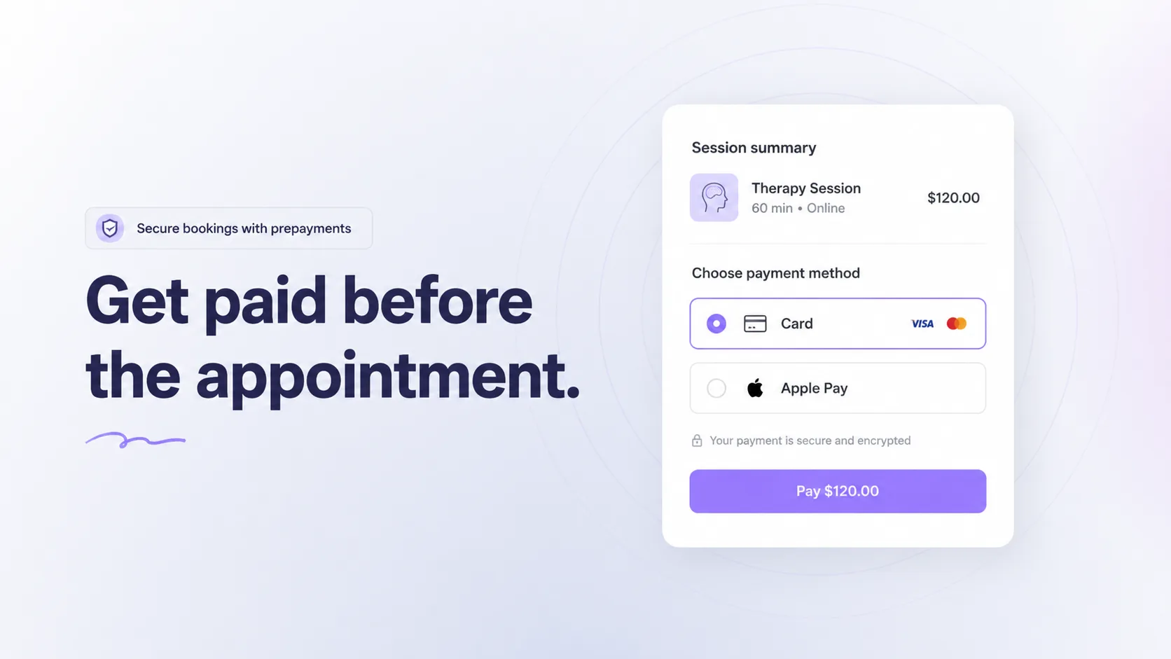 Get paid before the appointment: a booking with card or Apple Pay prepayment