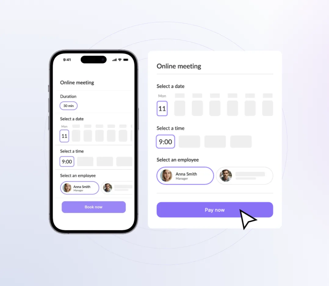 Online booking flow: pick a date, time and employee, then pay, on mobile and desktop