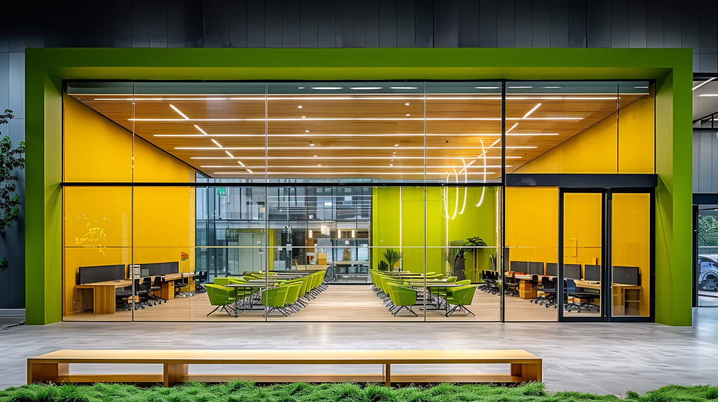 Modern Office with City Skyline: Project a sleek and sophisticated image.