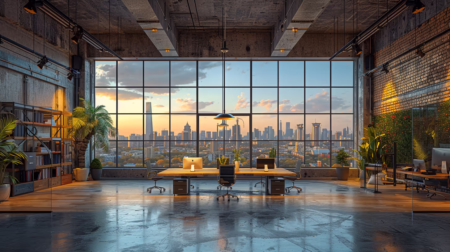 Modern Office with City Skyline: Project a sleek and sophisticated image.