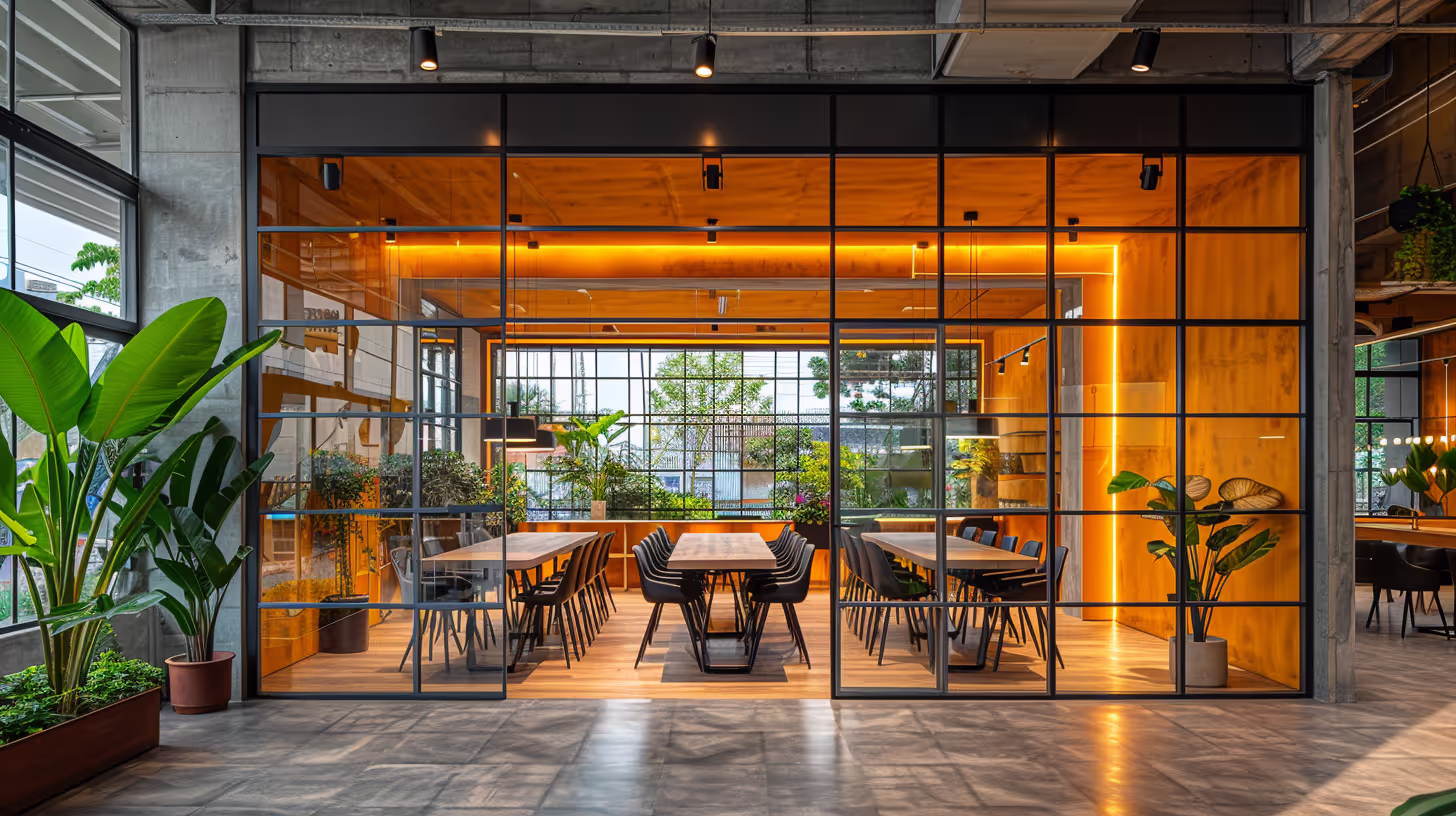 Modern Office with City Skyline: Project a sleek and sophisticated image.