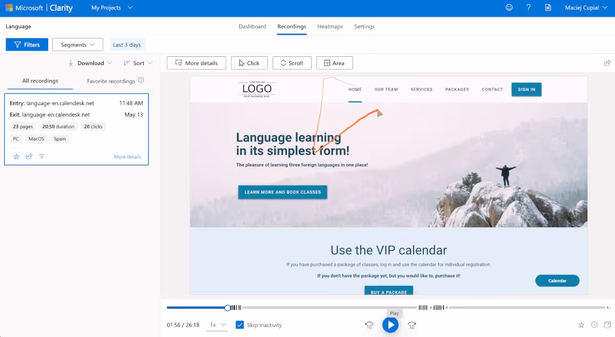 Microsoft Clarity - session recordings
