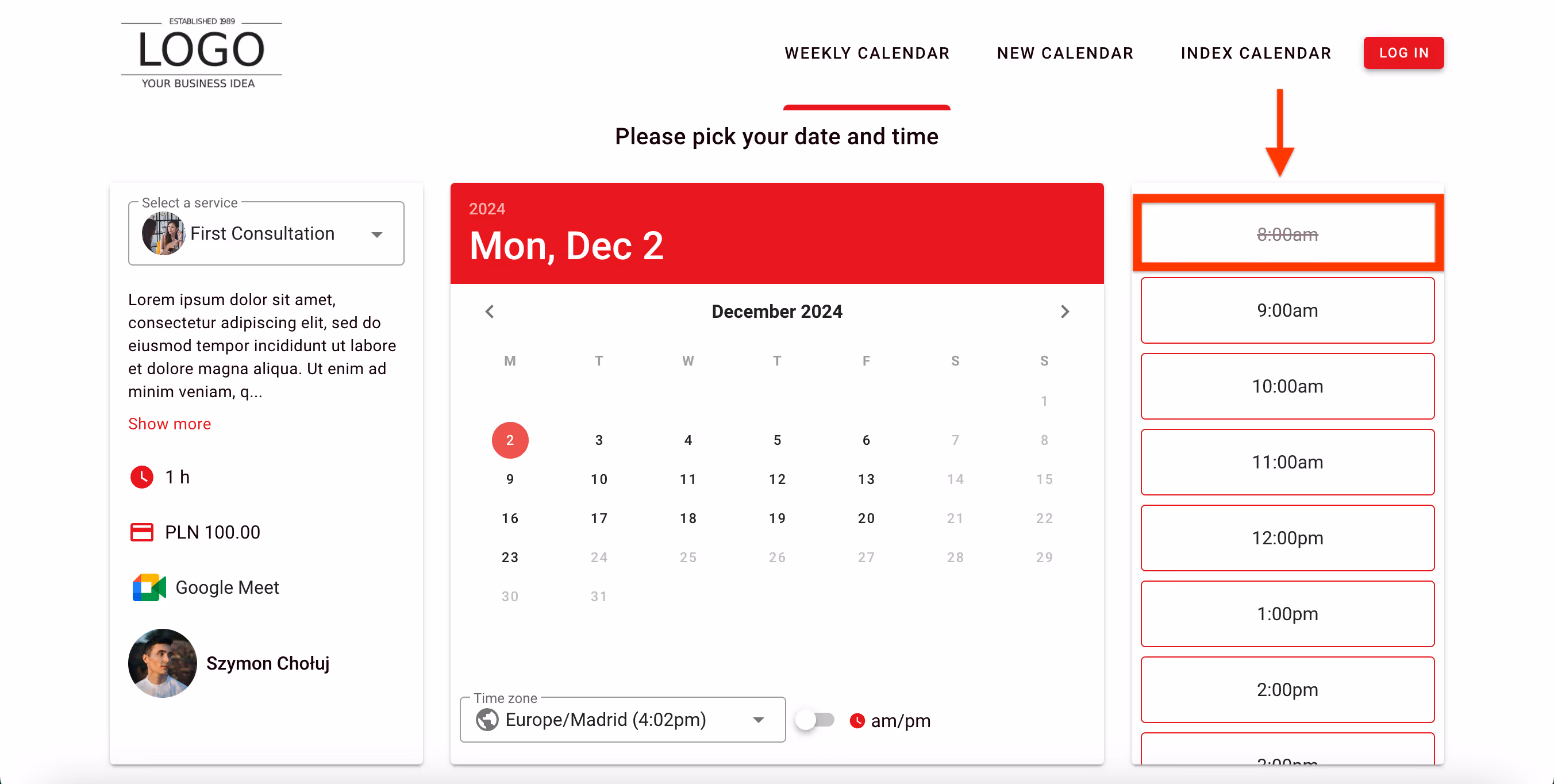 Weekly calendar–slots booked.