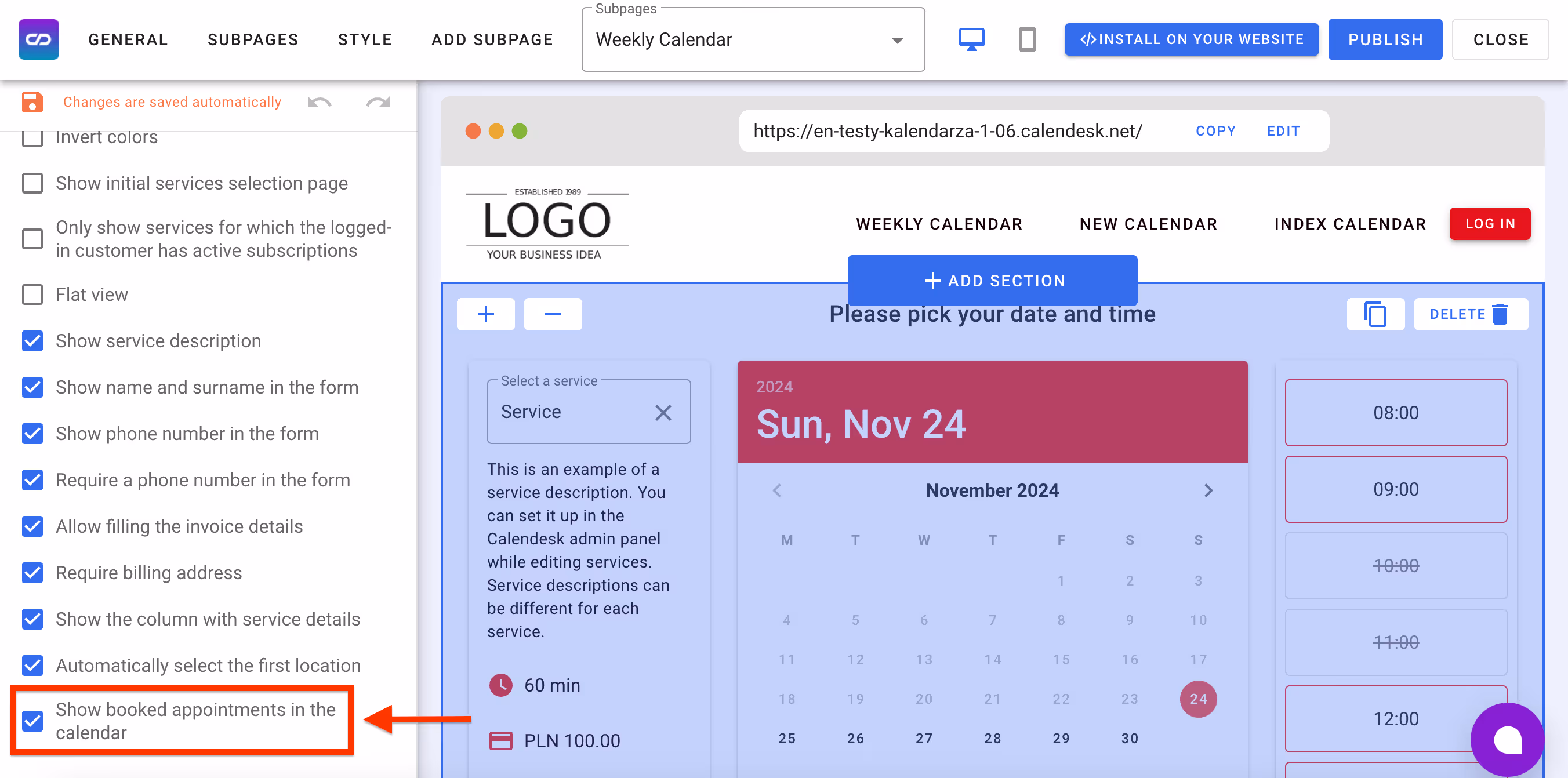 Booked slots –checkbox.