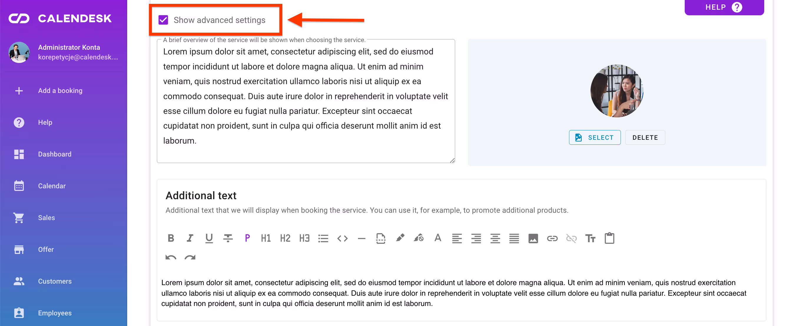 Advanced settings - service description.