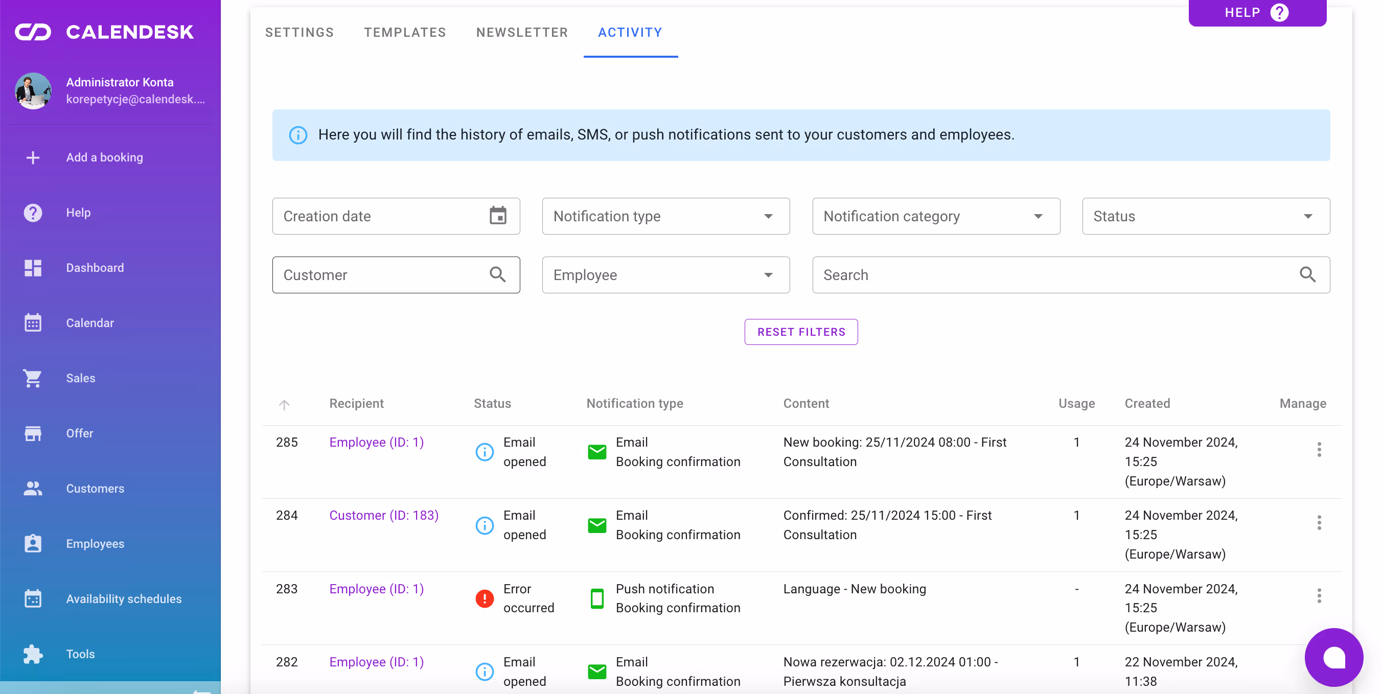 Notifications activity.