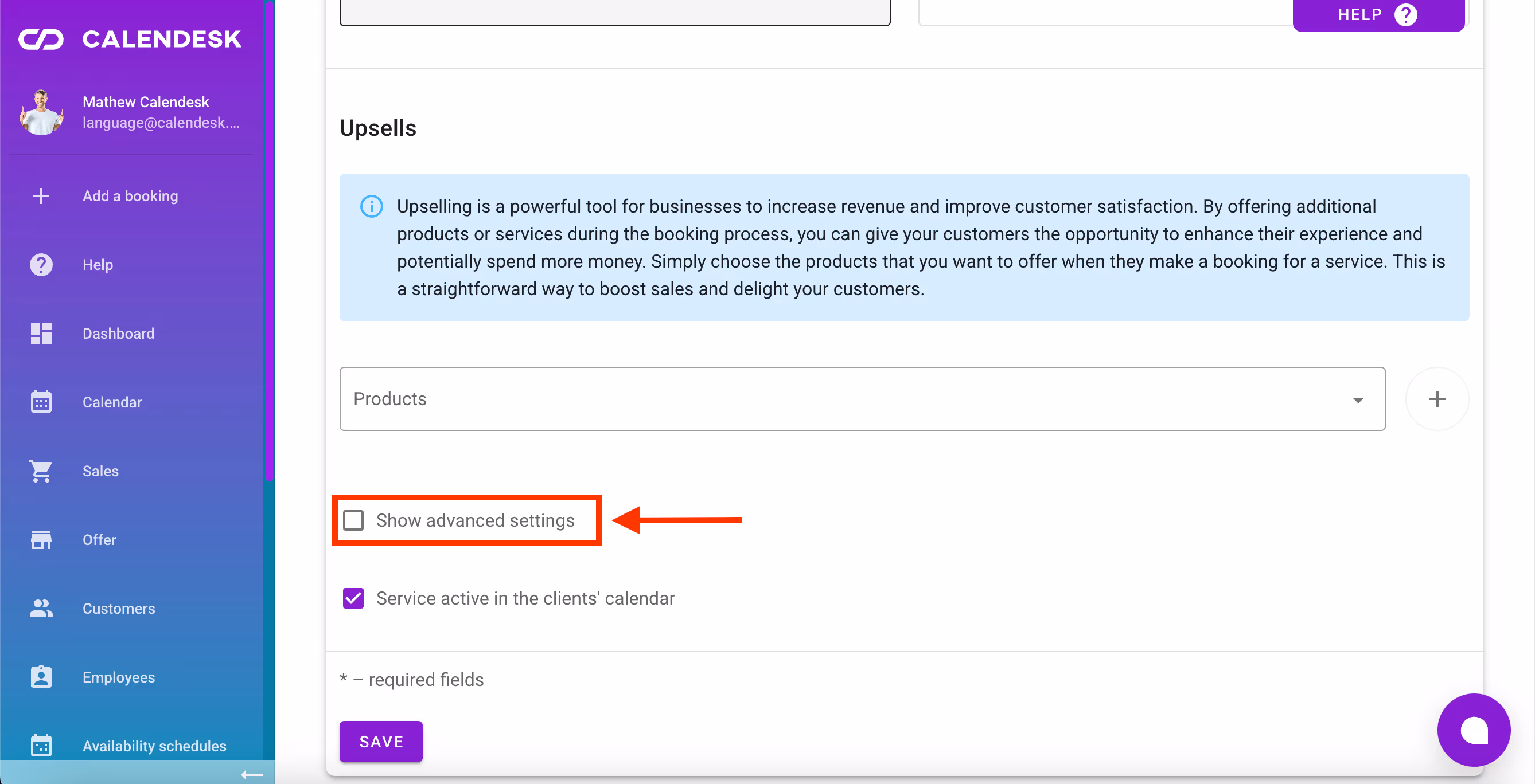 Services advanced settings.