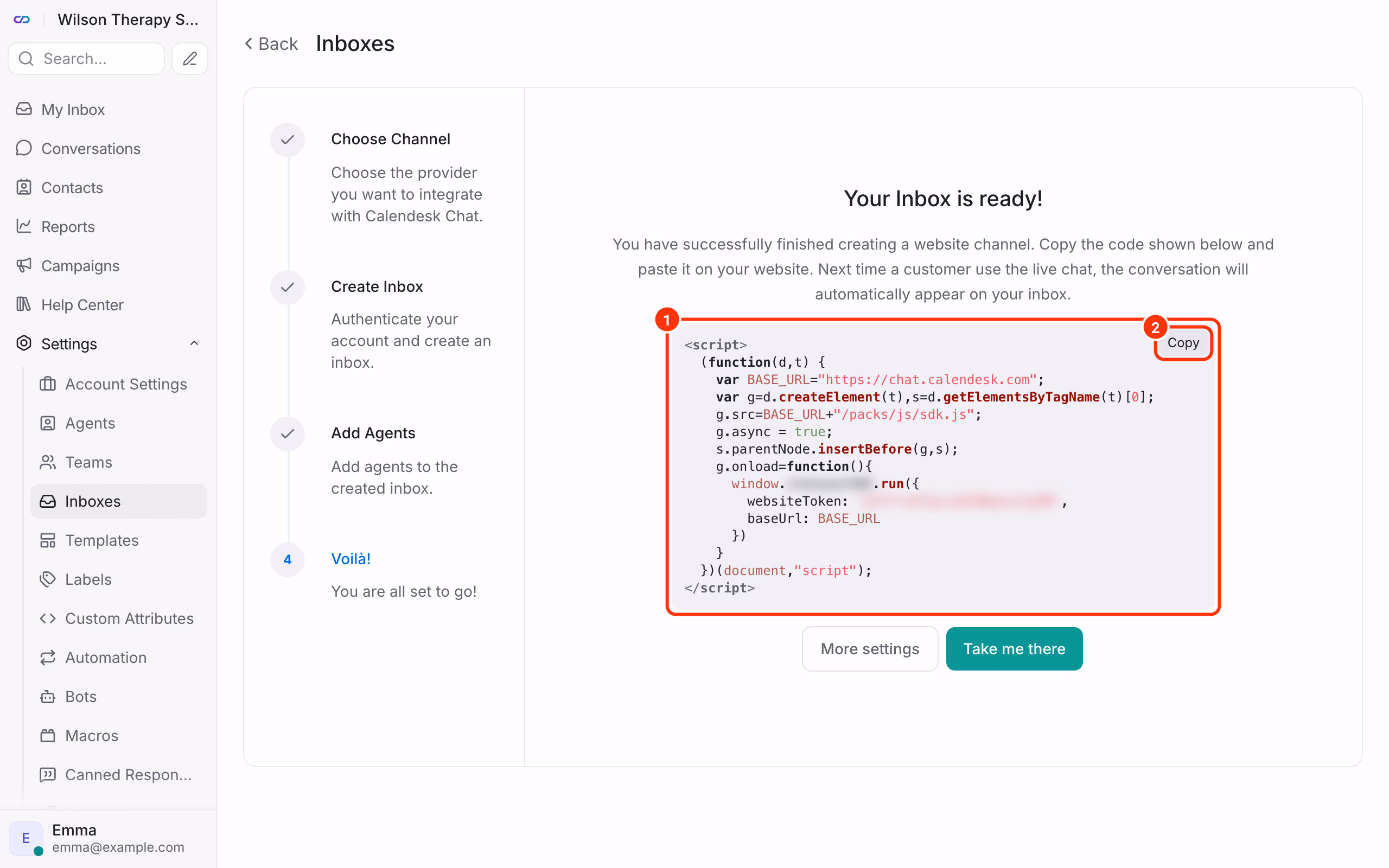 Inbox ready and the chat script to copy.