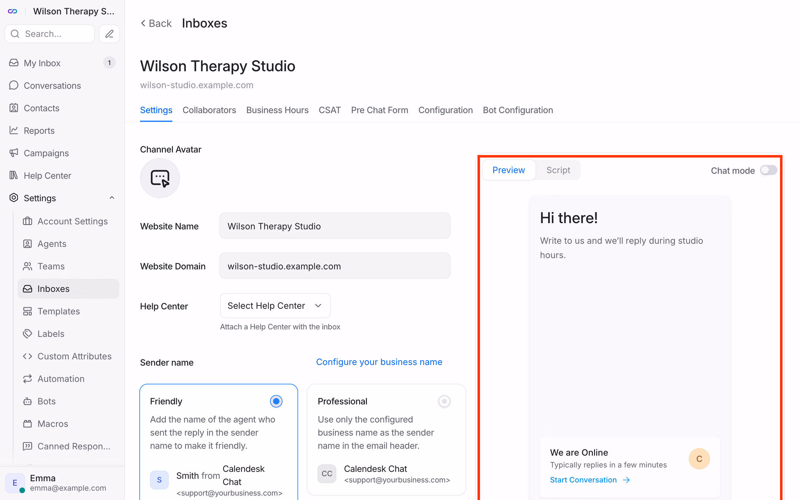 Inbox settings: greeting, color and chat window preview.
