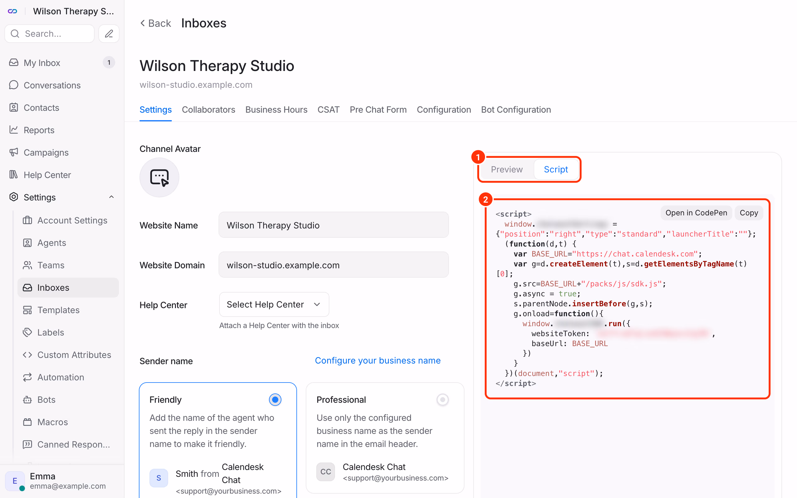 Inbox settings: the Preview / Script switch.