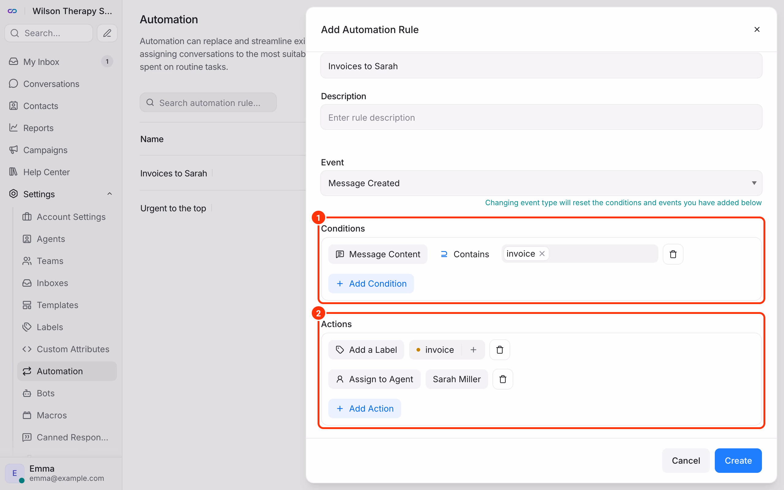 Automation rule: event, conditions and actions.