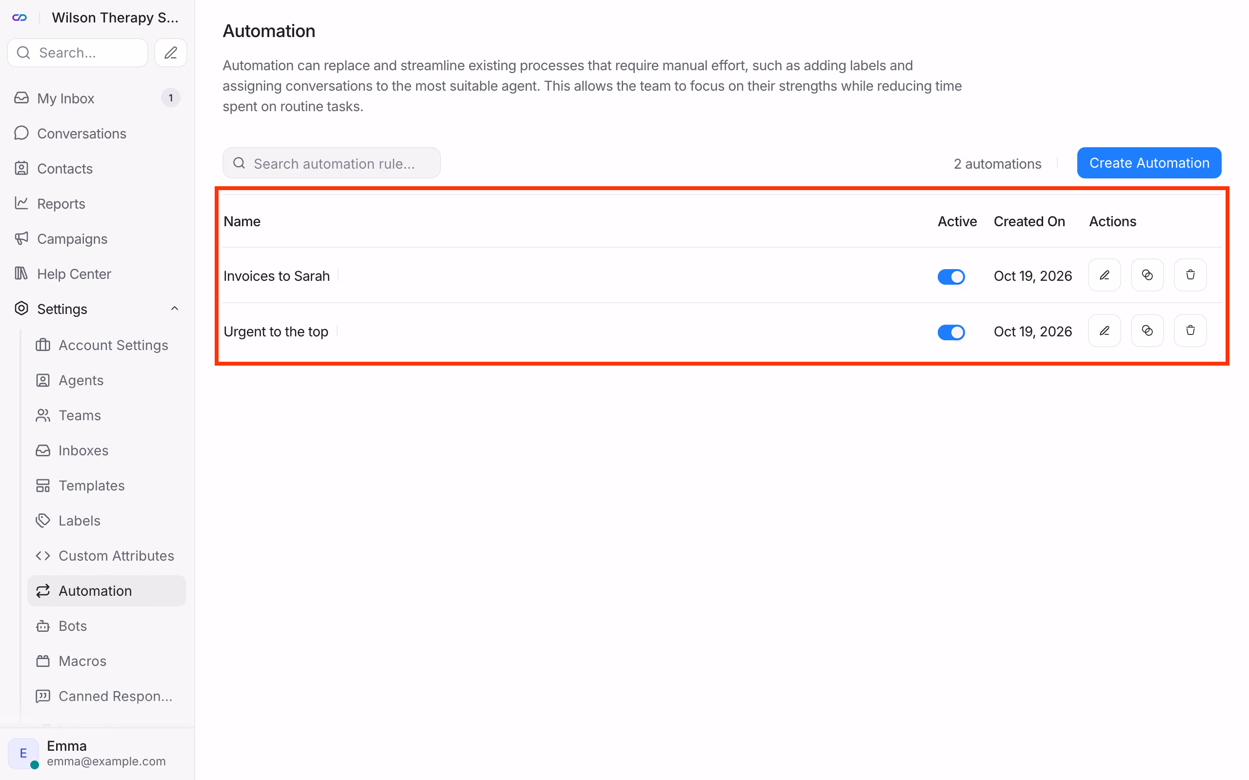 List of automation rules.
