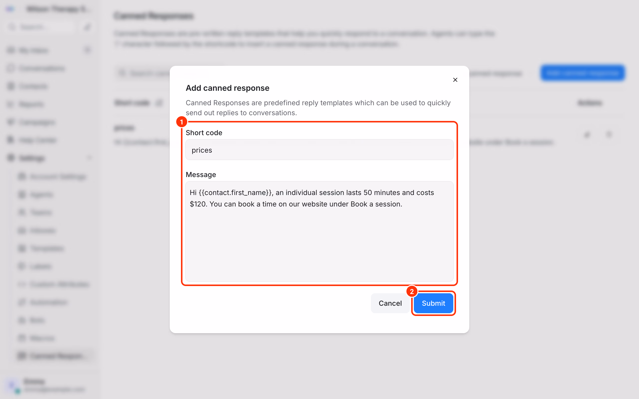 Adding a canned response with a short code.