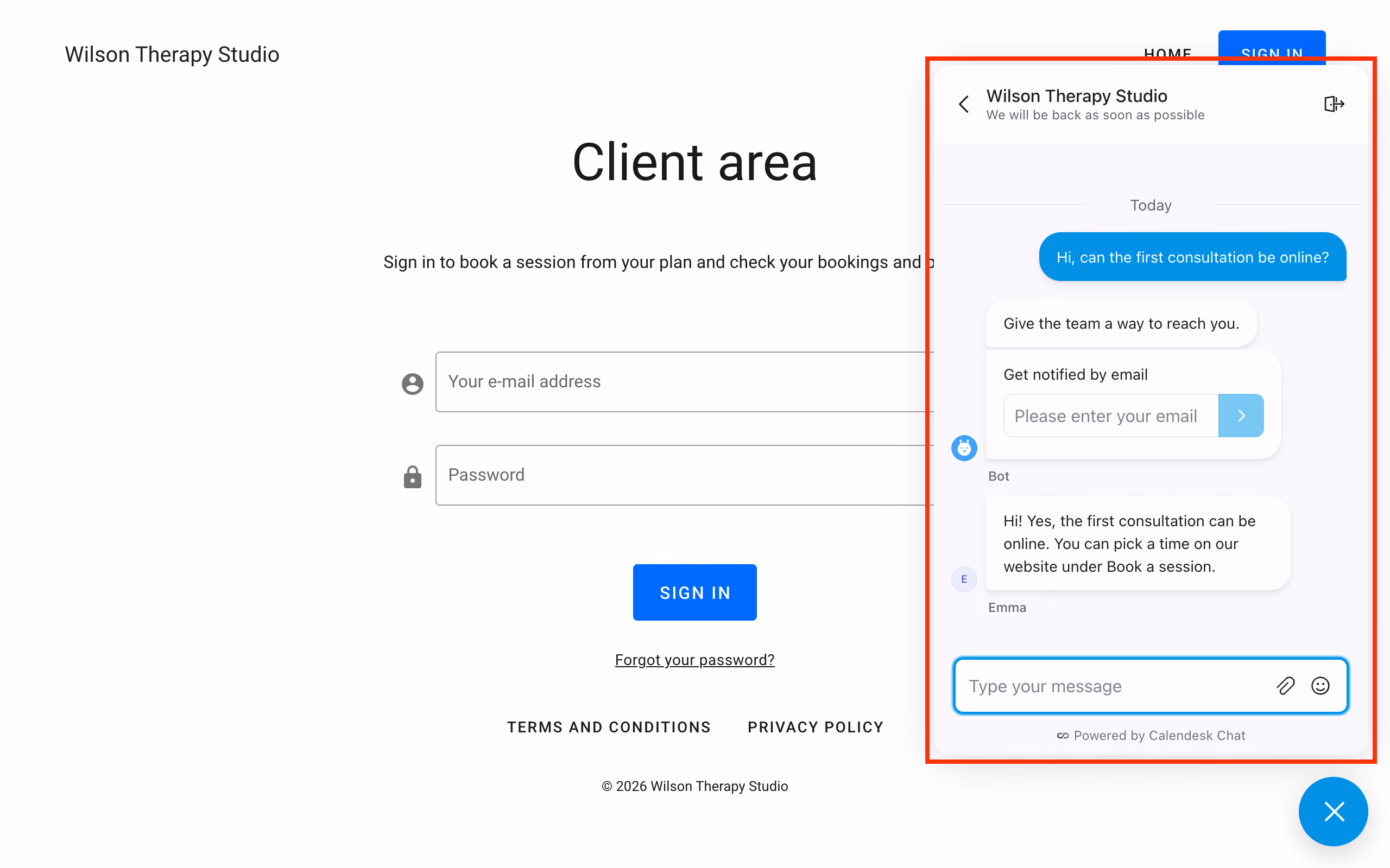 Chat window on the practice website with a test message.