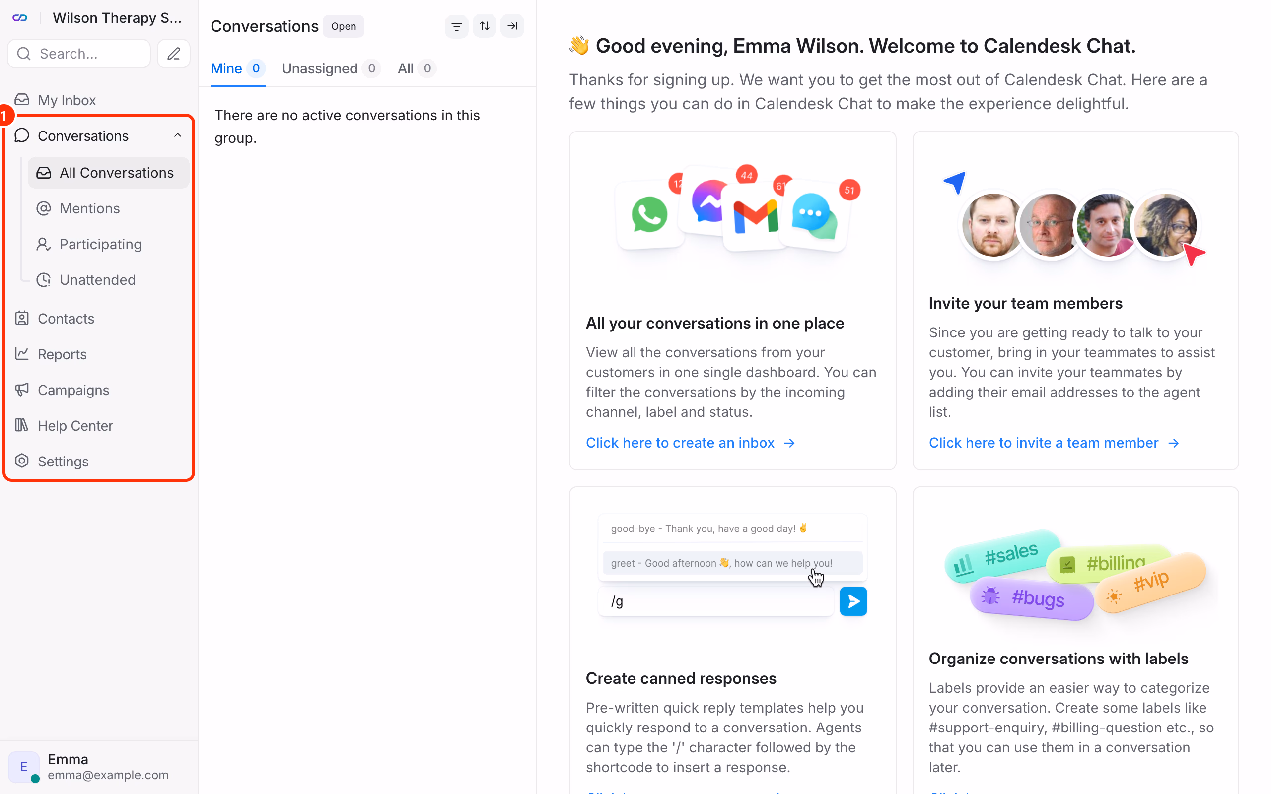 Chat dashboard after the first login: the left menu.