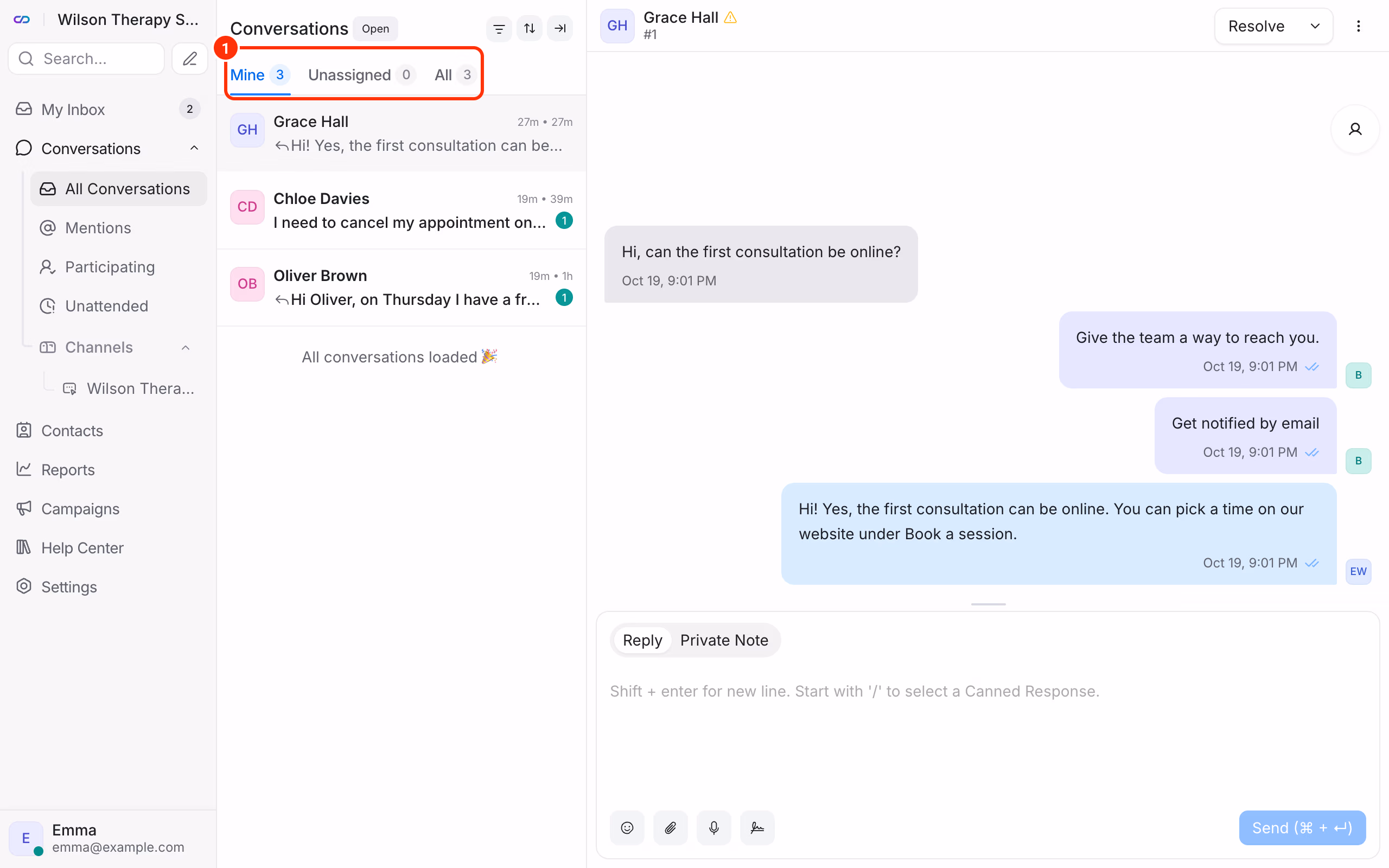 Conversation list and the Mine, Unassigned and All tabs.