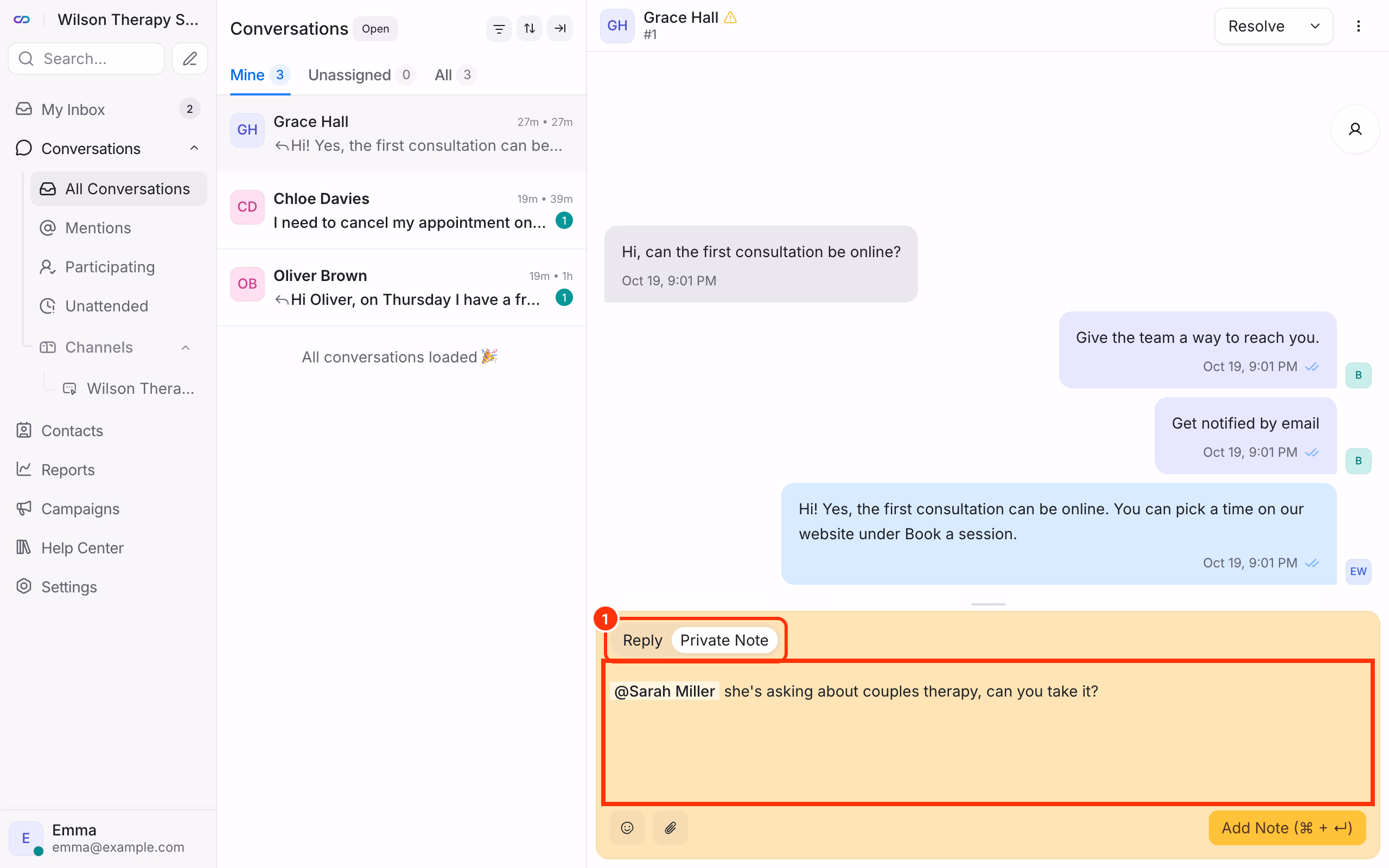Private note in a conversation.