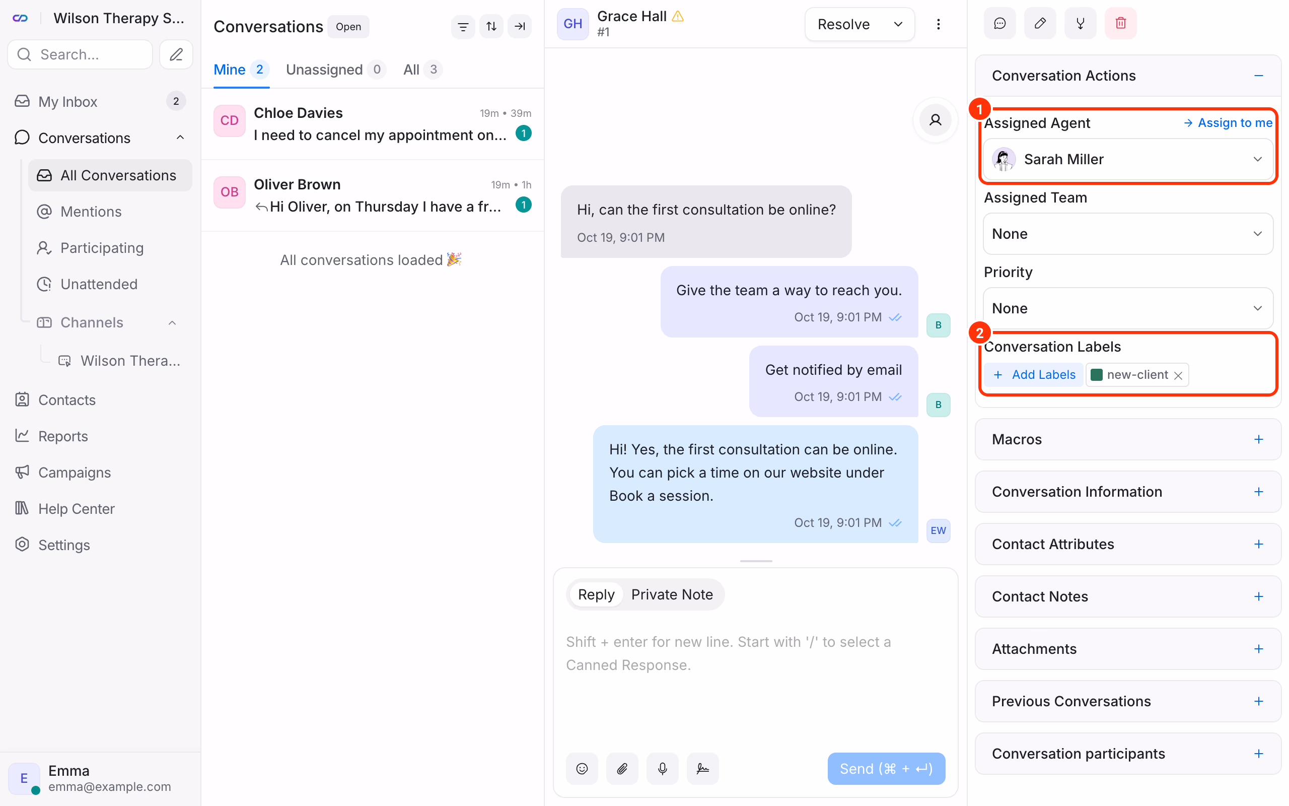 Assigned agent and conversation label.