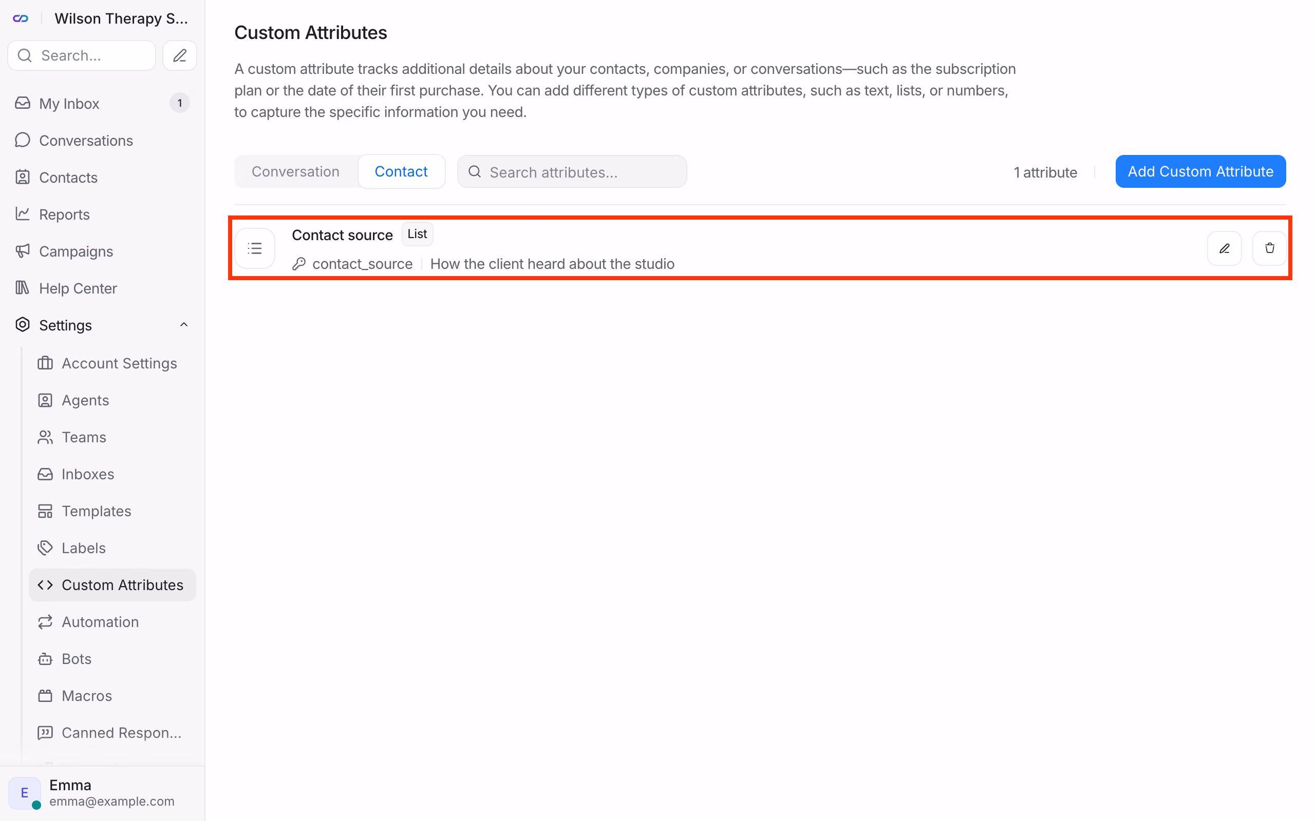Custom attributes: a contact attribute of the List type.