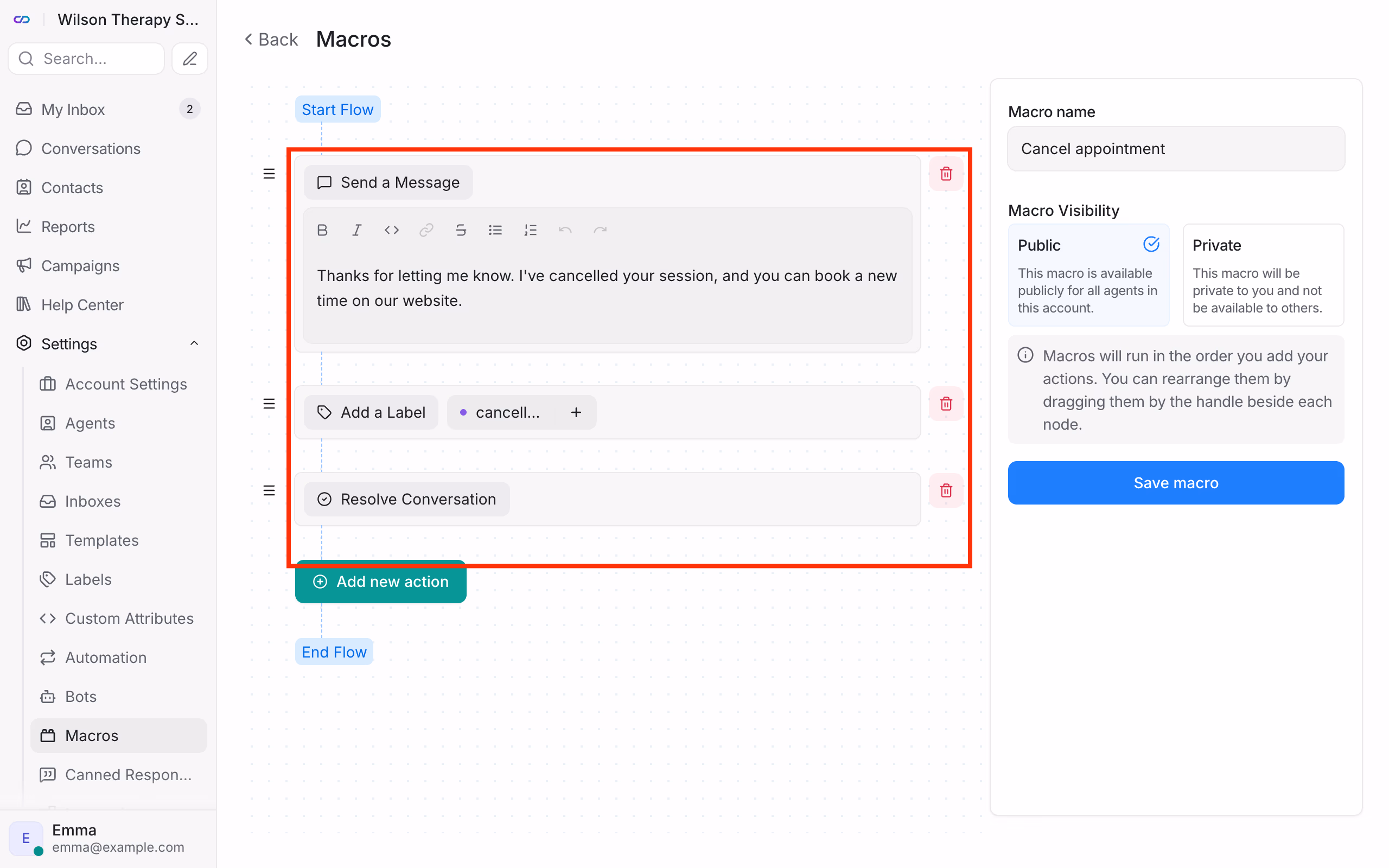 Macro editor: actions in order.