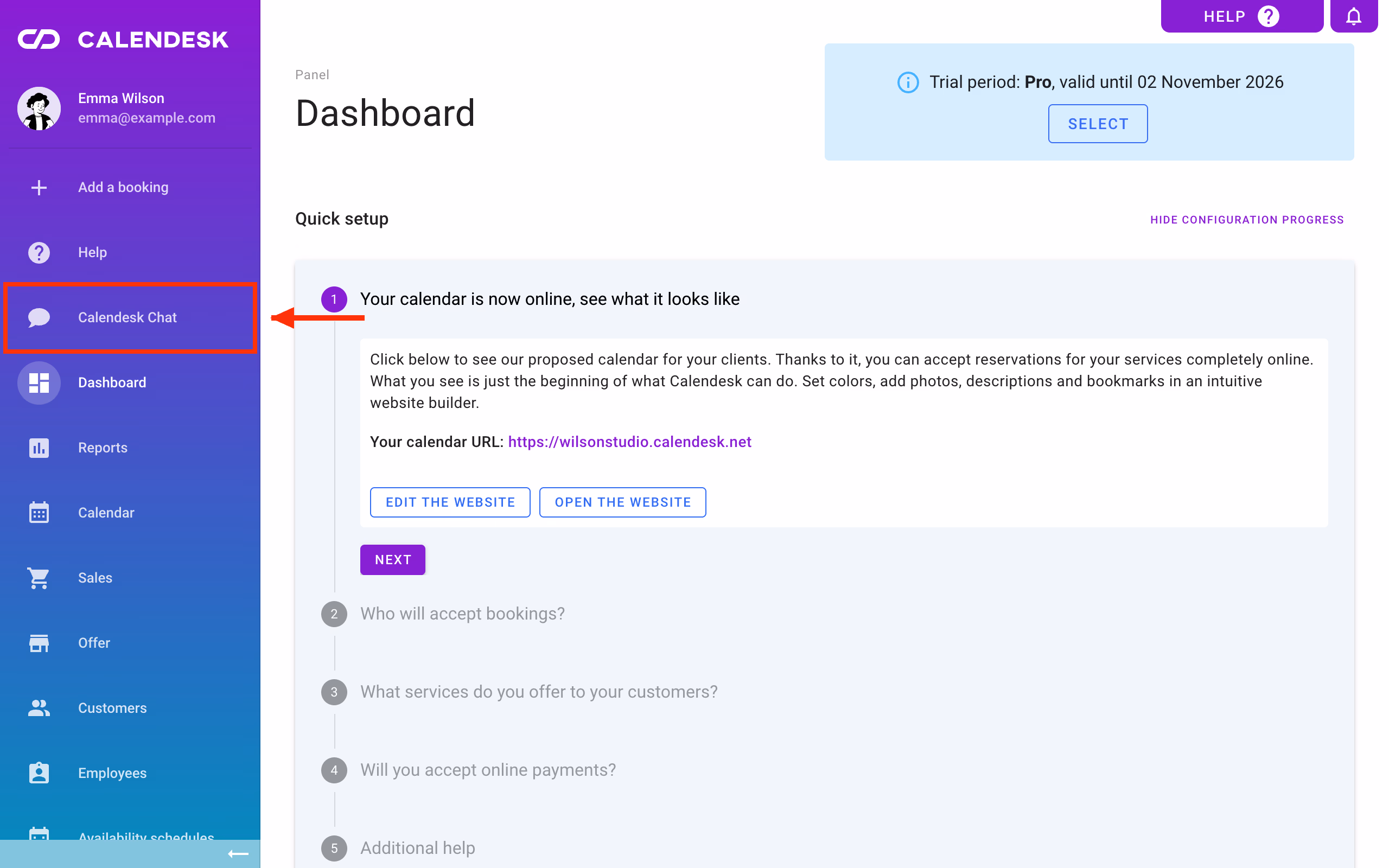 Calendesk panel menu: the Calendesk Chat item.