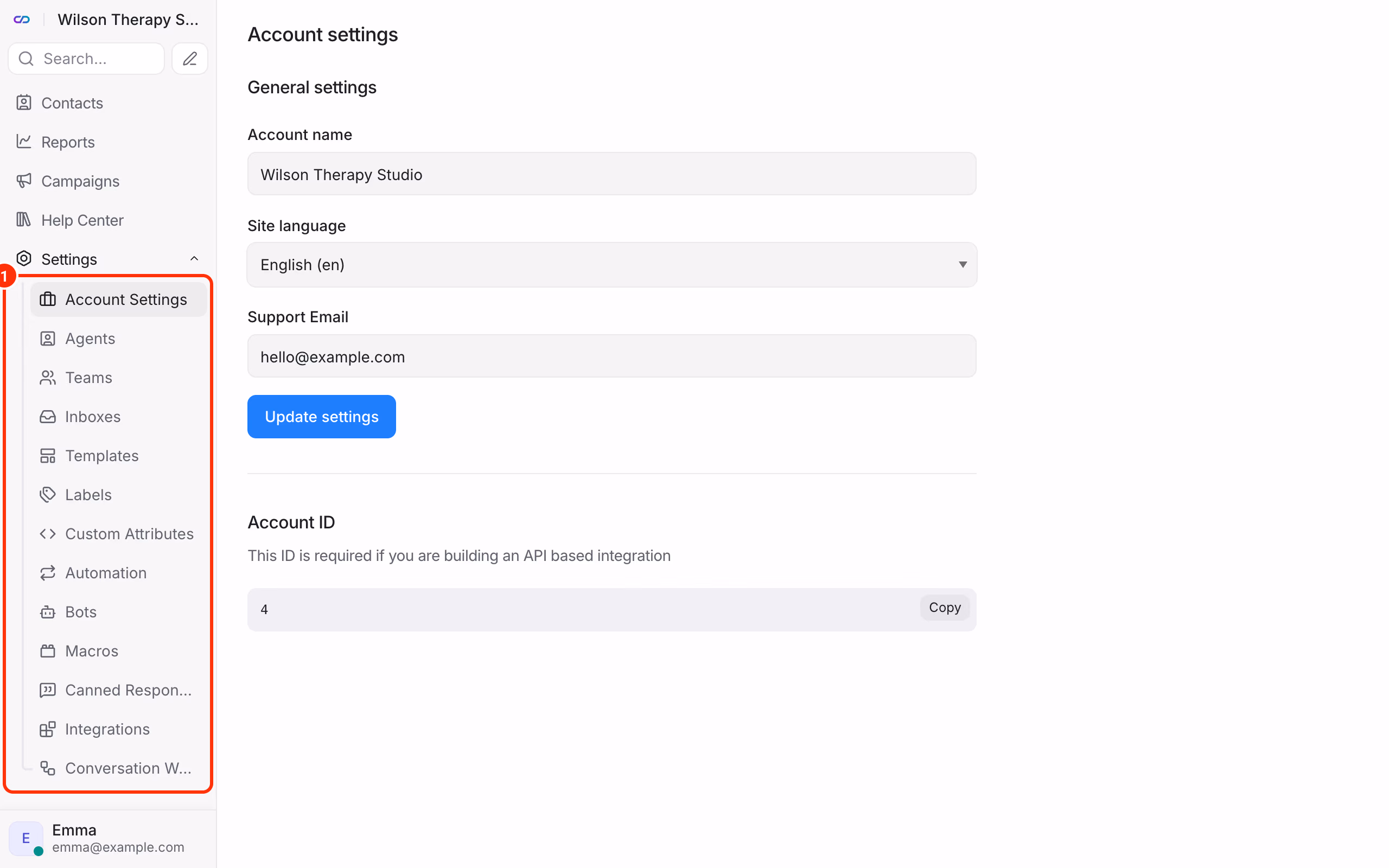 Chat dashboard: the Settings menu.