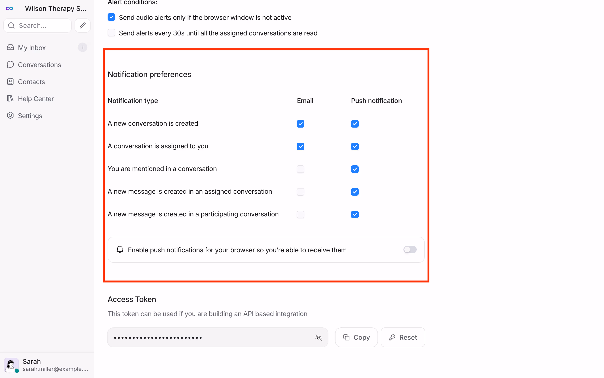 Email and push notification preferences.