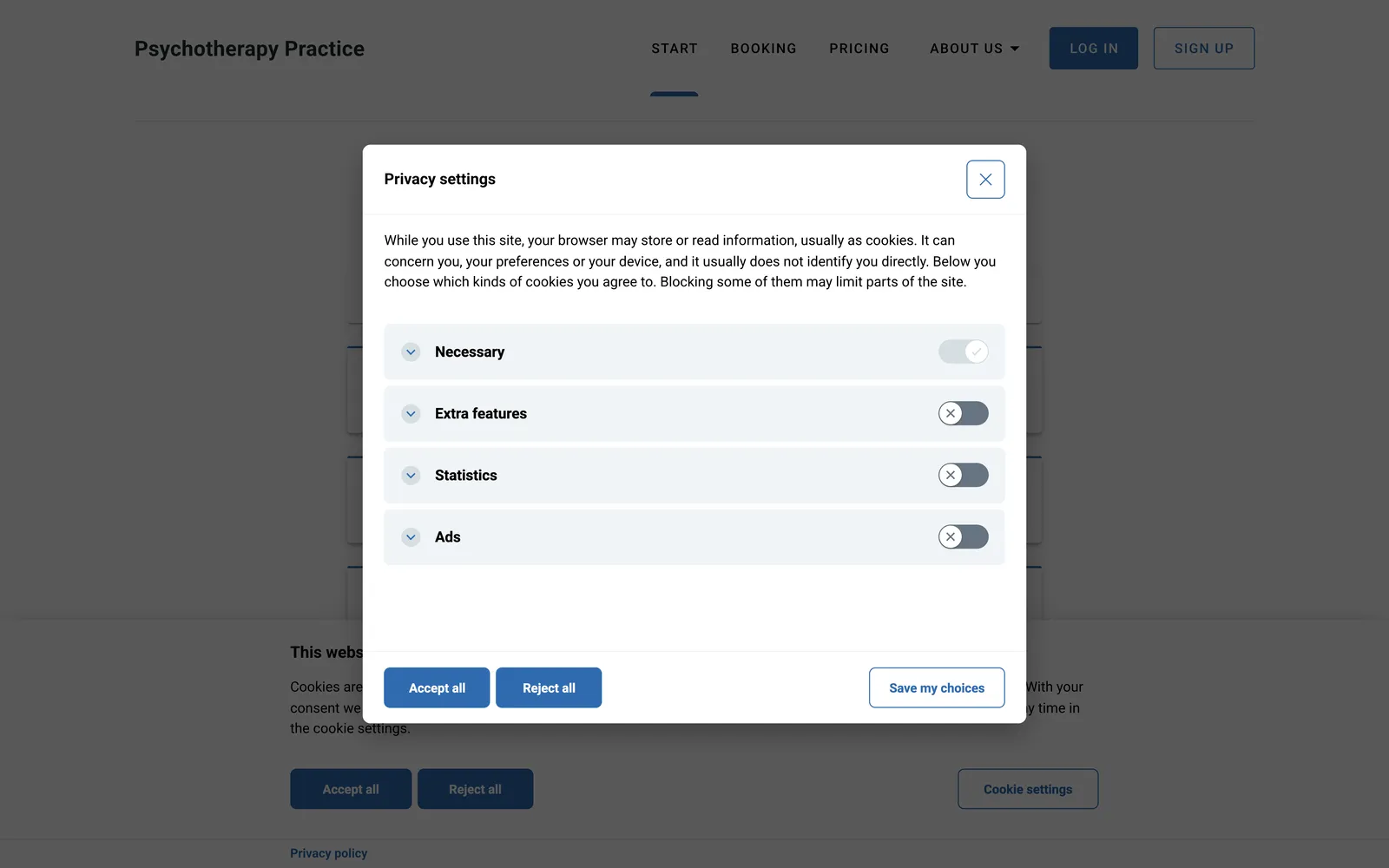 The privacy settings window with four cookie categories