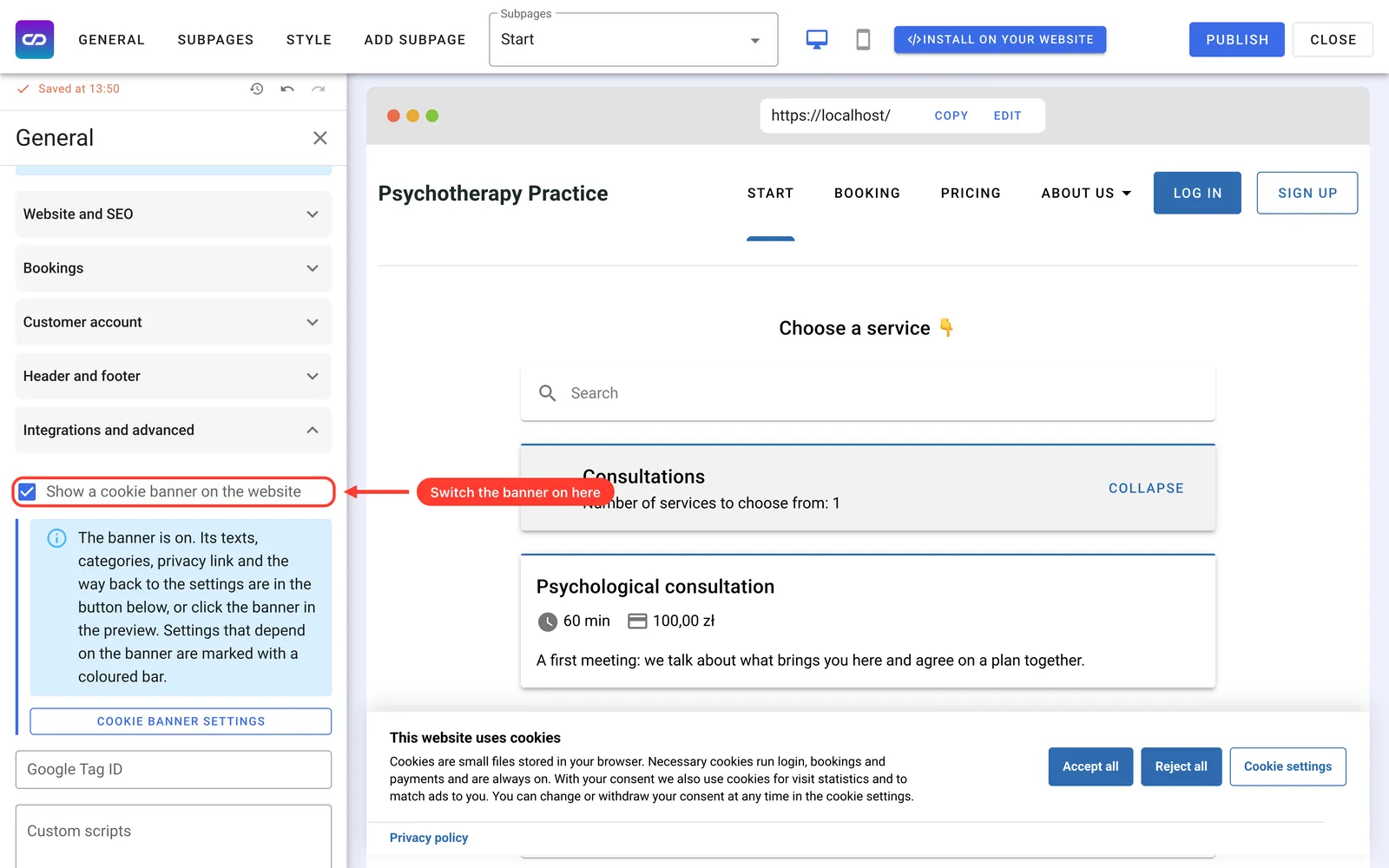 Ticking "Show a cookie banner on the website" in the Calendesk website builder
