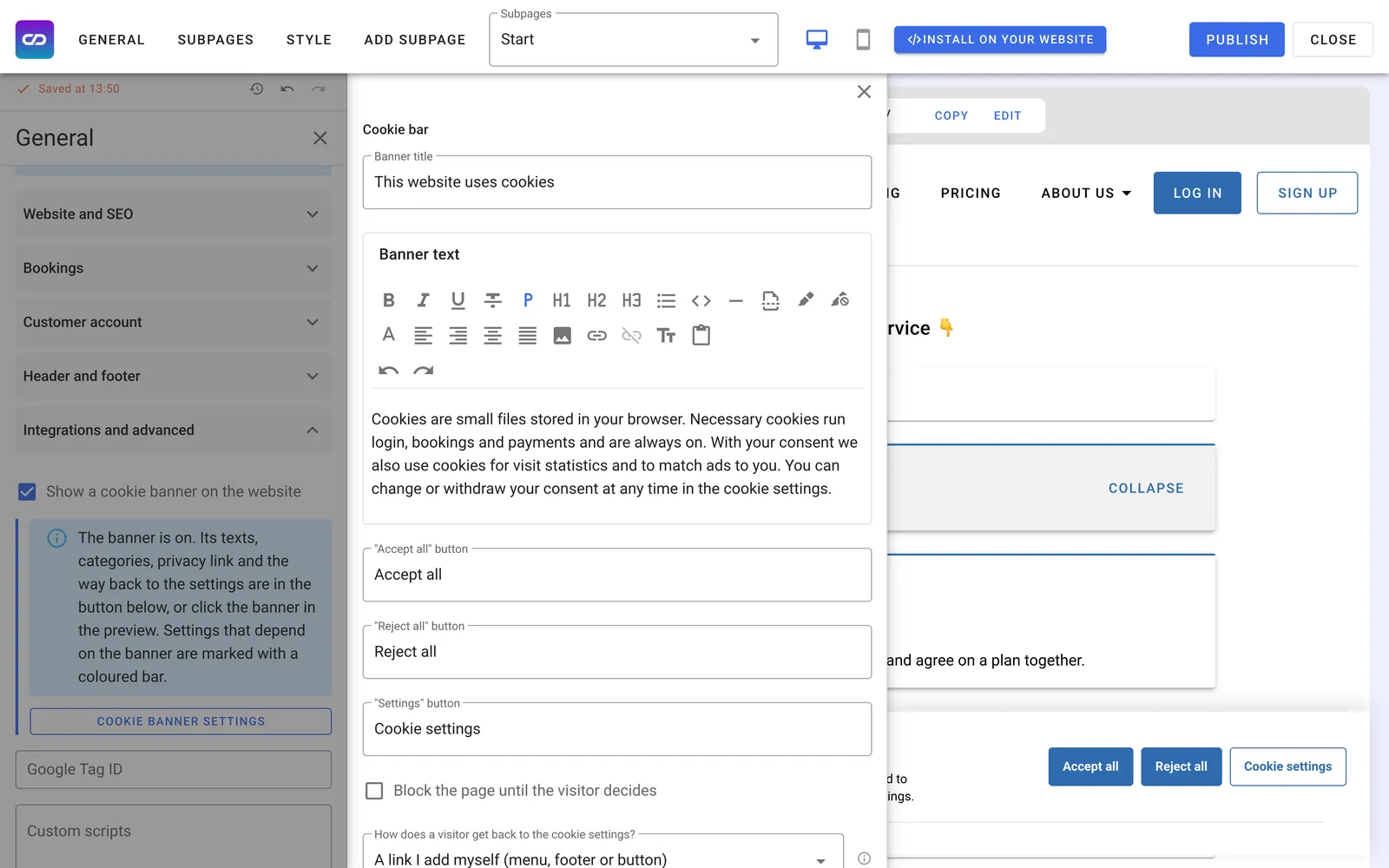 The cookie banner text editor in the website builder