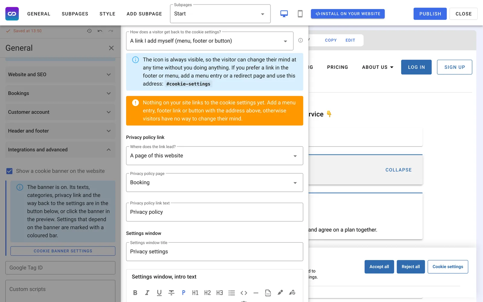 Choosing how visitors get back to the cookie settings