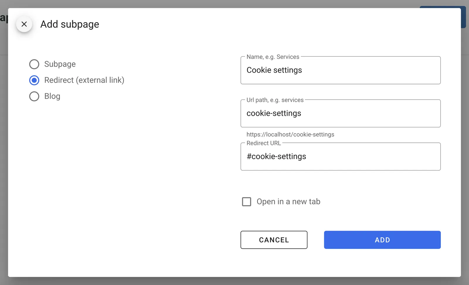 A new Redirect subpage pointing to #cookie-settings