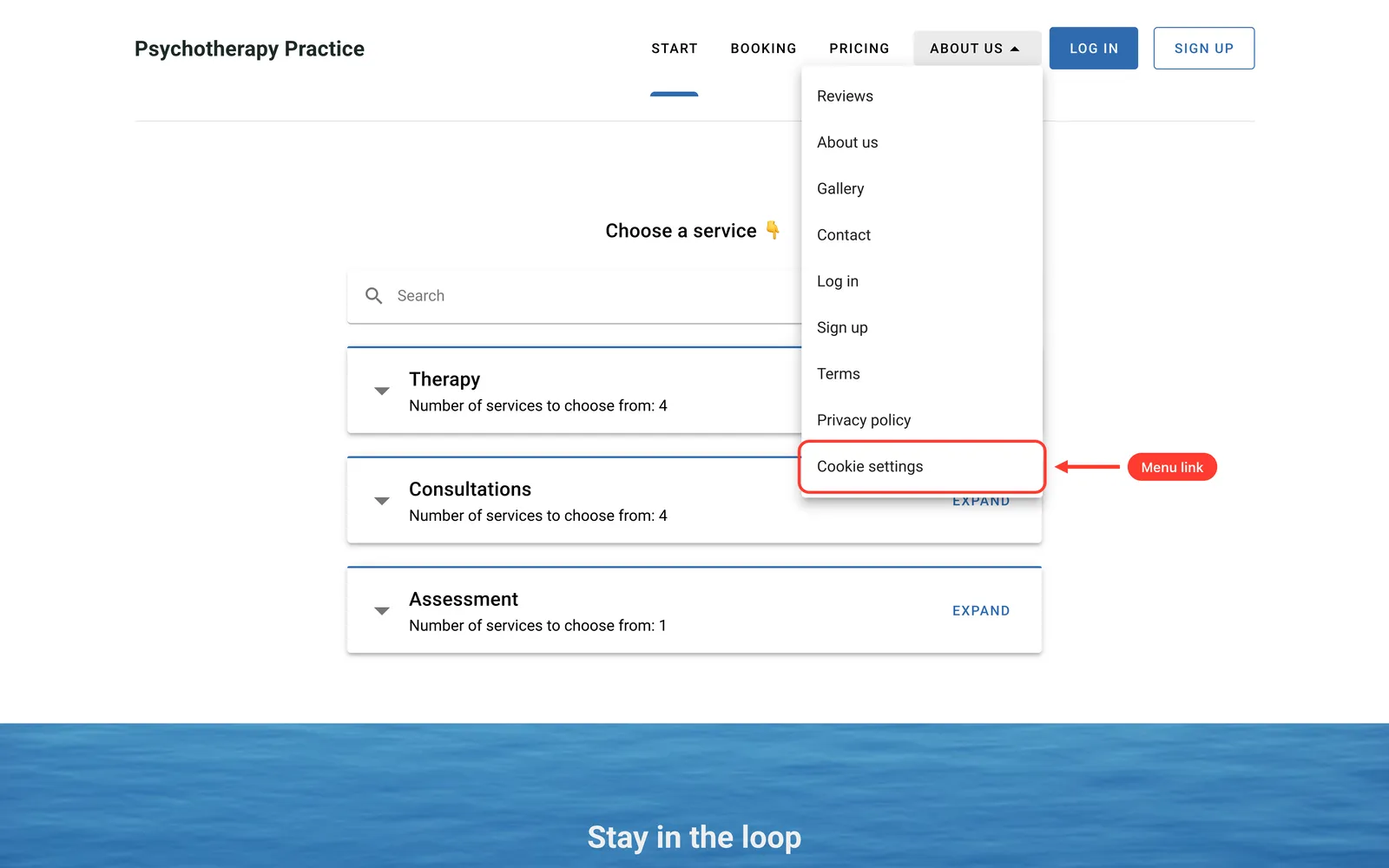 The "Cookie settings" entry in the header menu