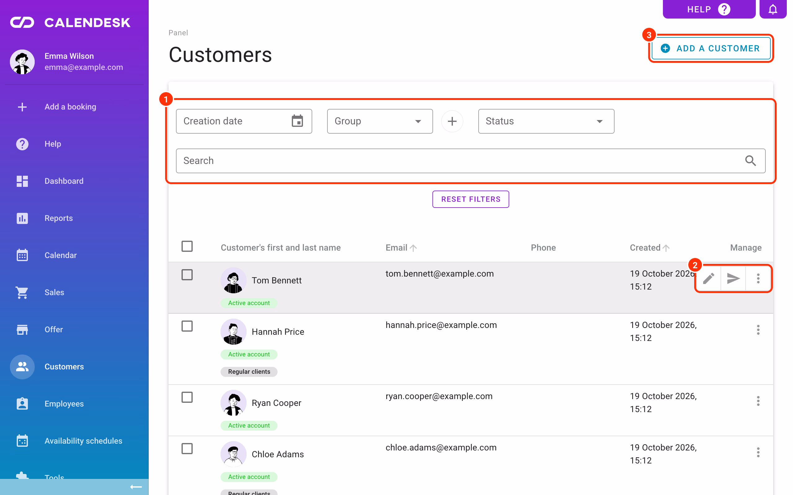 Filters and Search (1), the icons in the Manage column (2) and Add a customer (3).