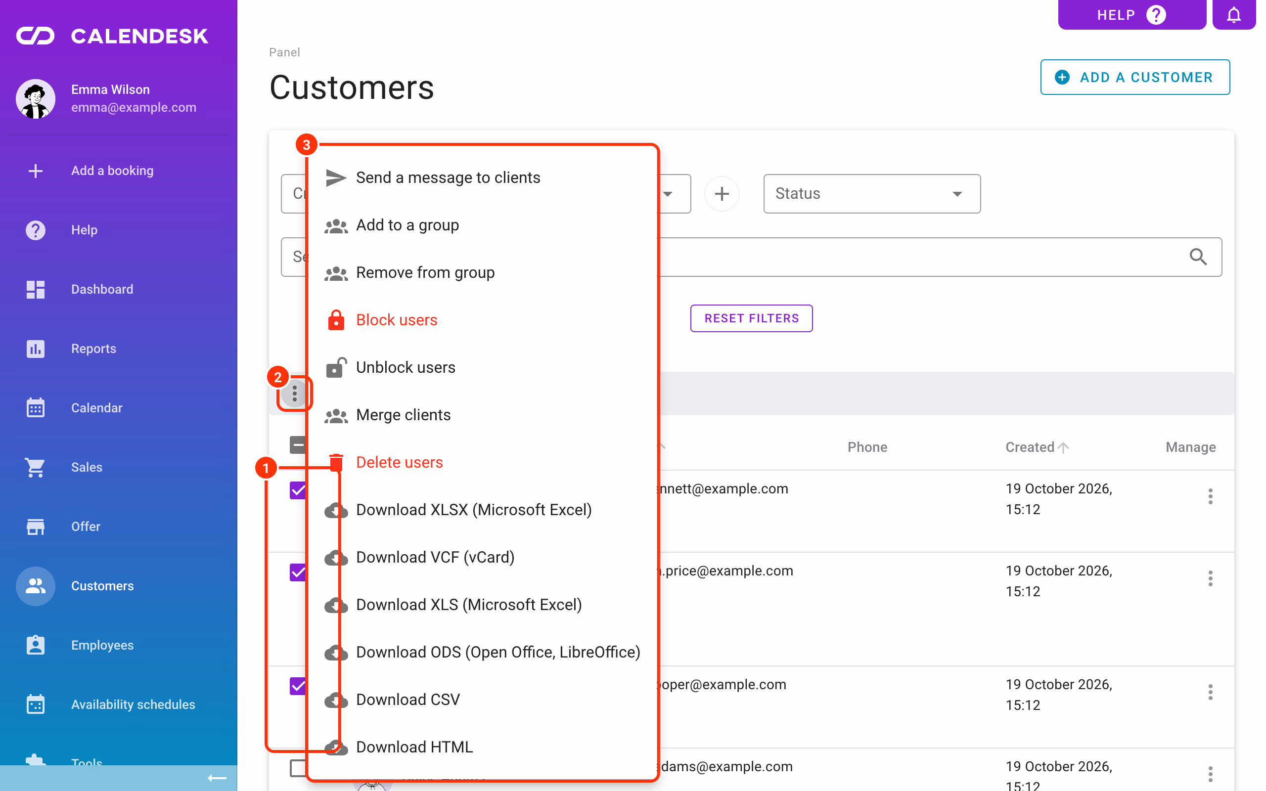 Selected customers (1), the three dots on the bar (2) and the action list (3).