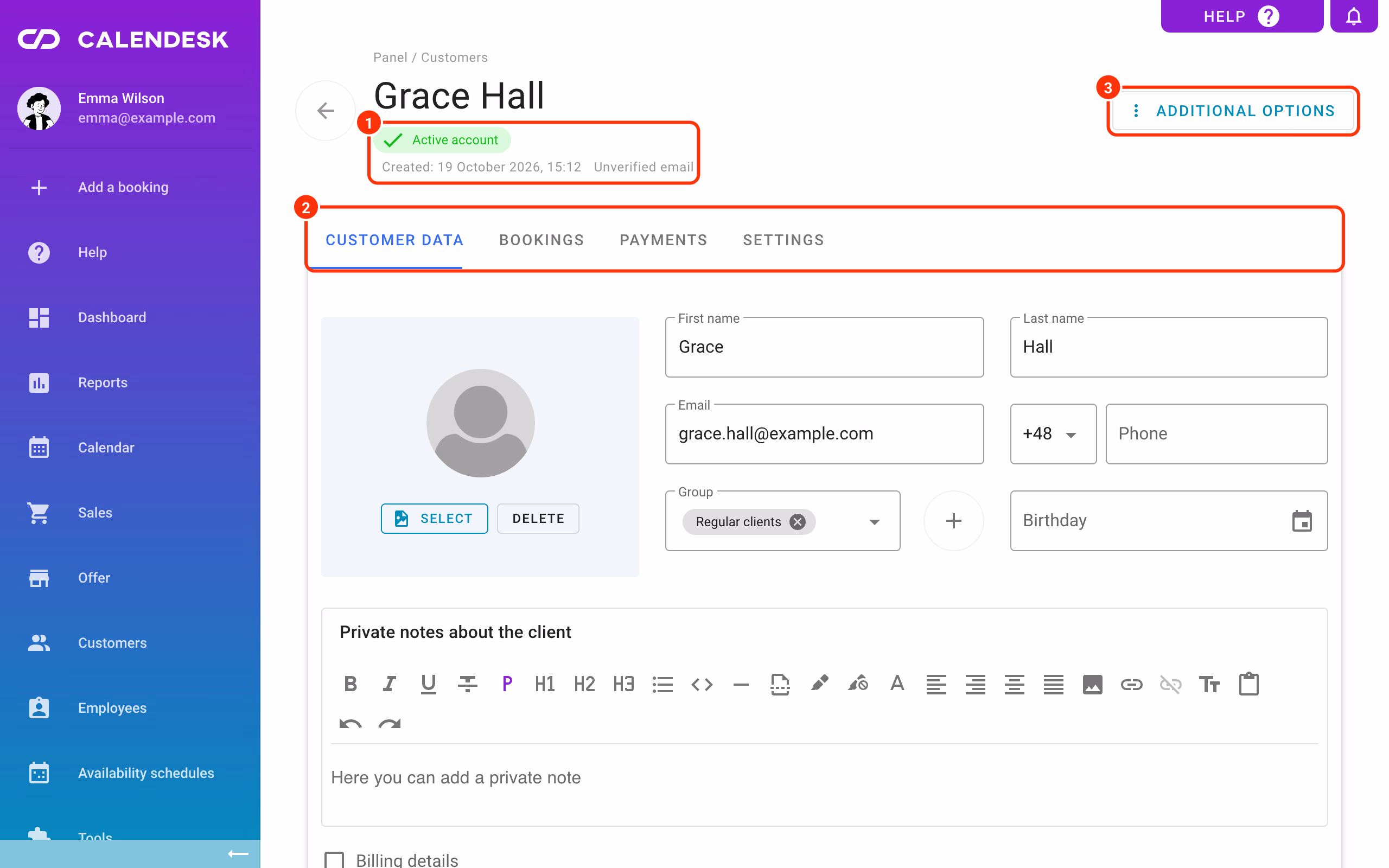 The customer profile: status and creation date (1), tabs (2) and Additional options (3).