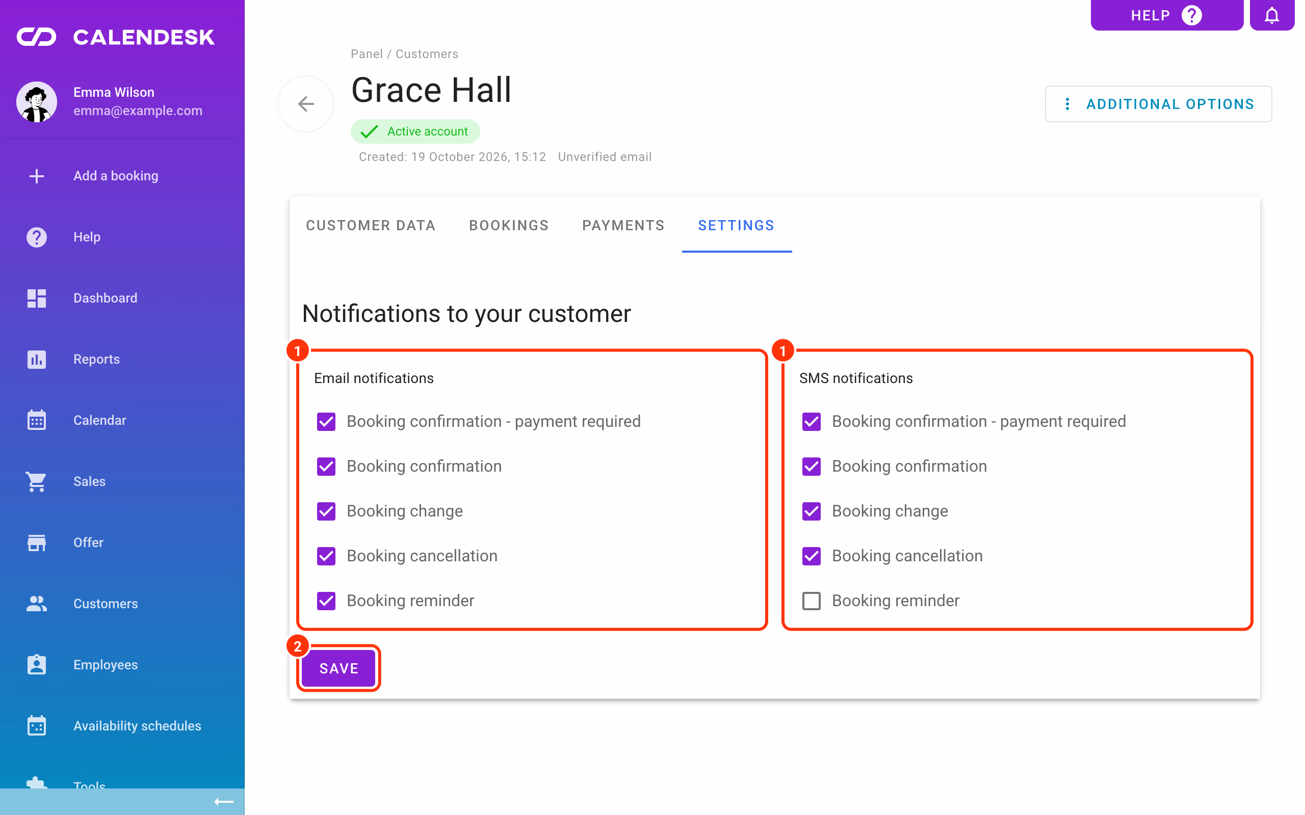 Email and SMS notifications in the customer profile (1) and Save (2).