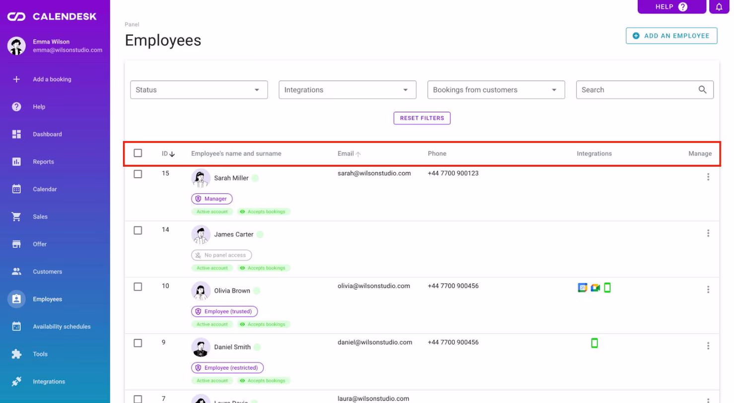 The employee list with its table columns.