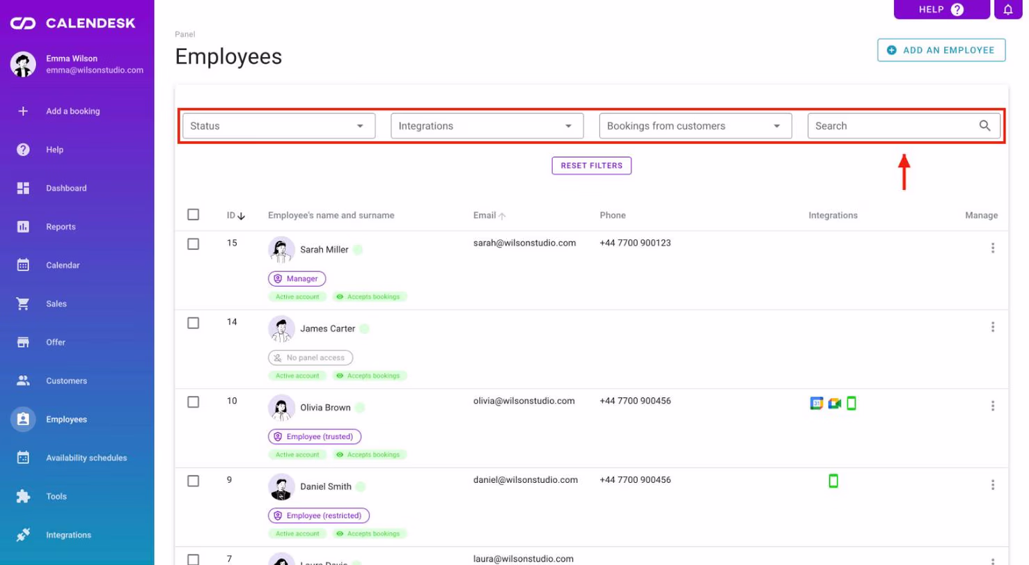 Filters above the employee list with the Search field.