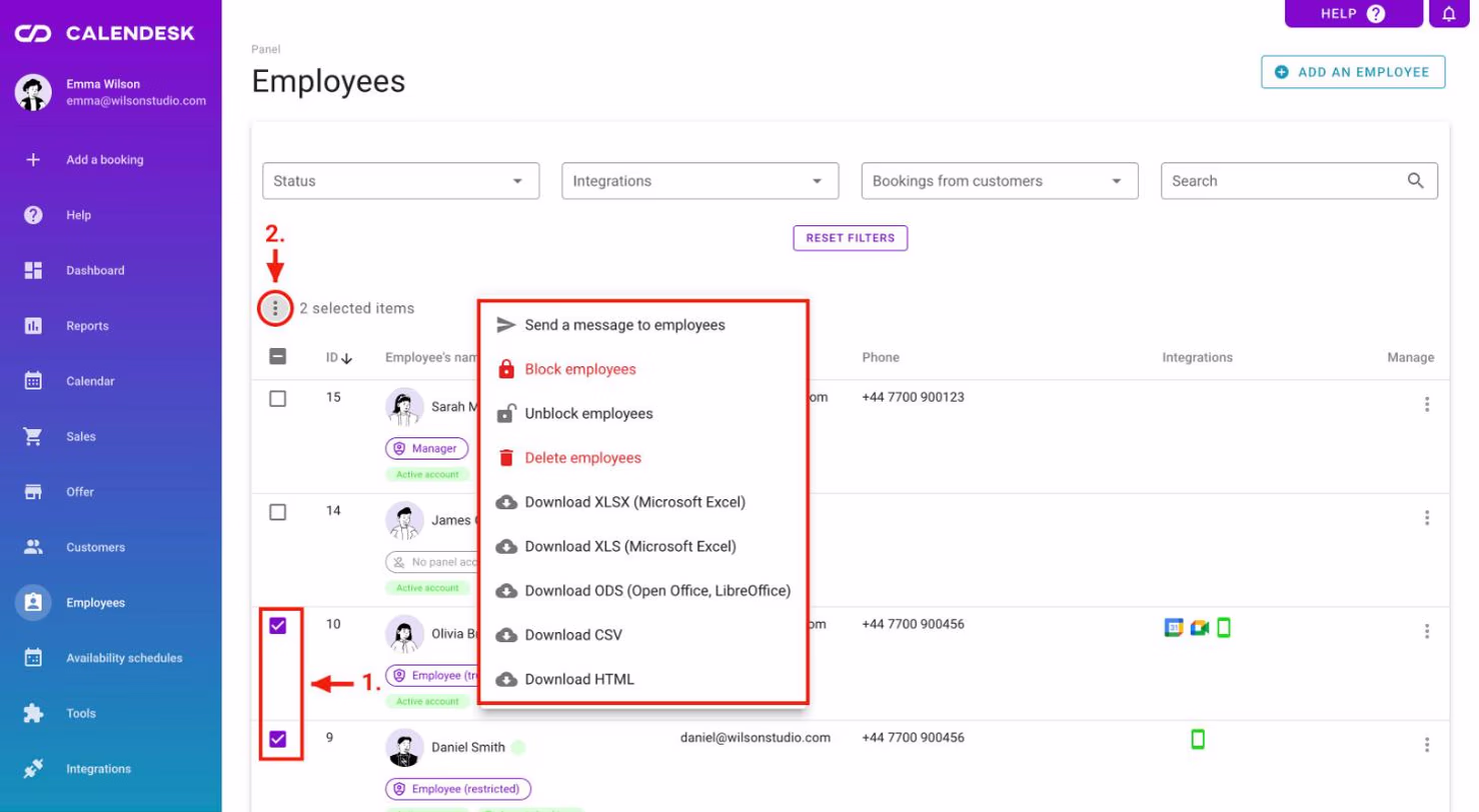 Two selected employees and the bulk actions menu.