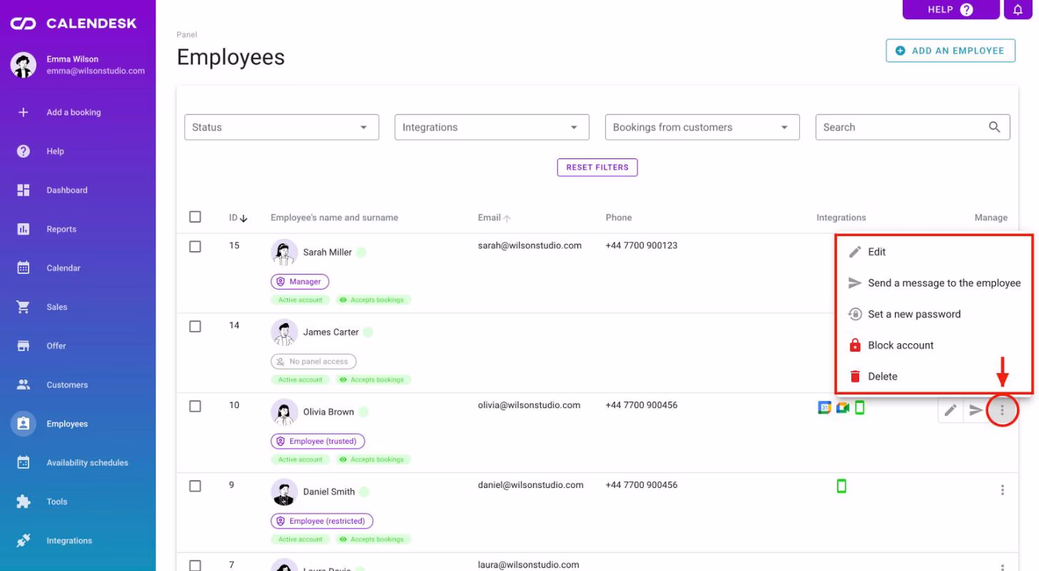 The Manage menu of one employee.
