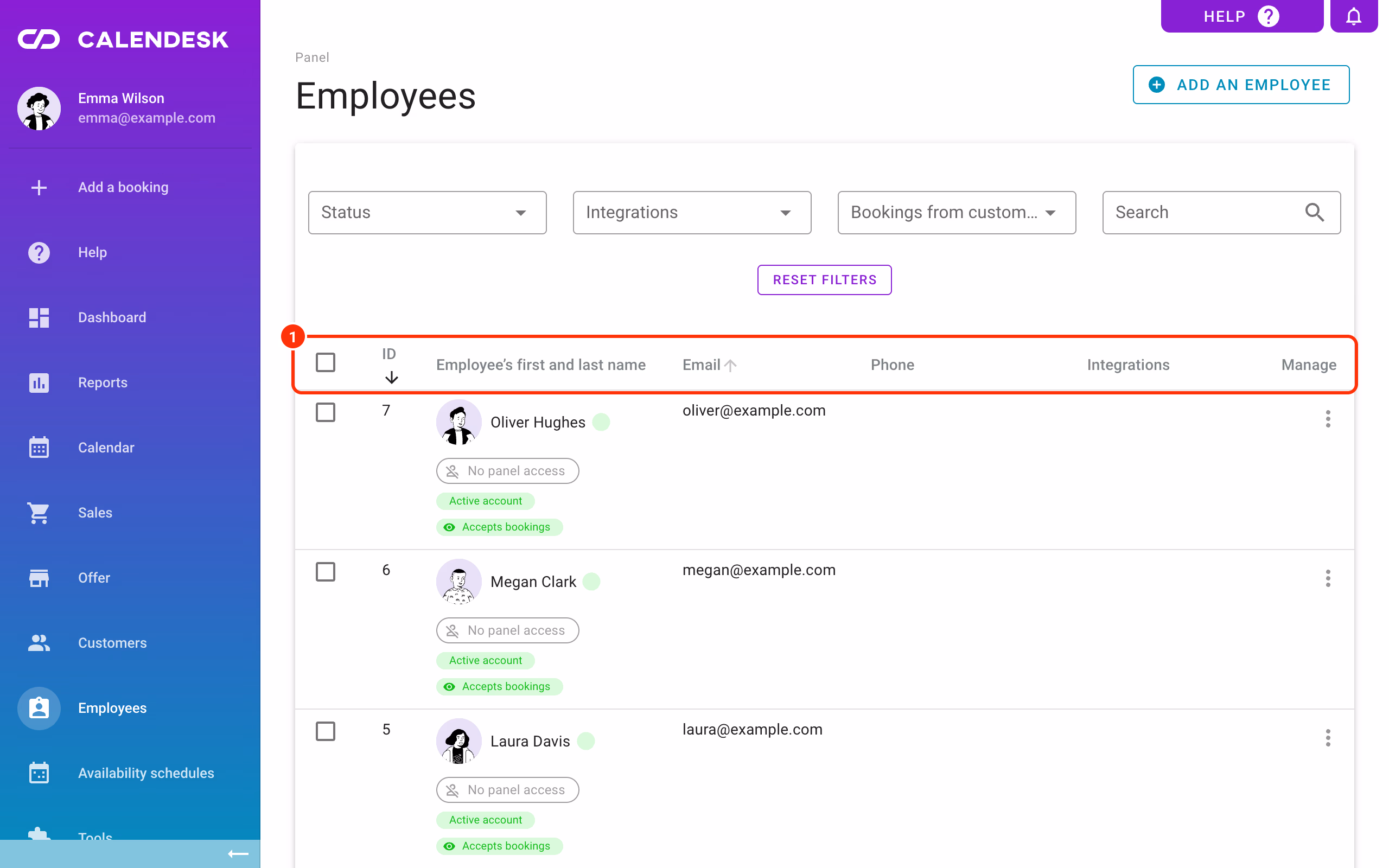 The employee list with its table columns.