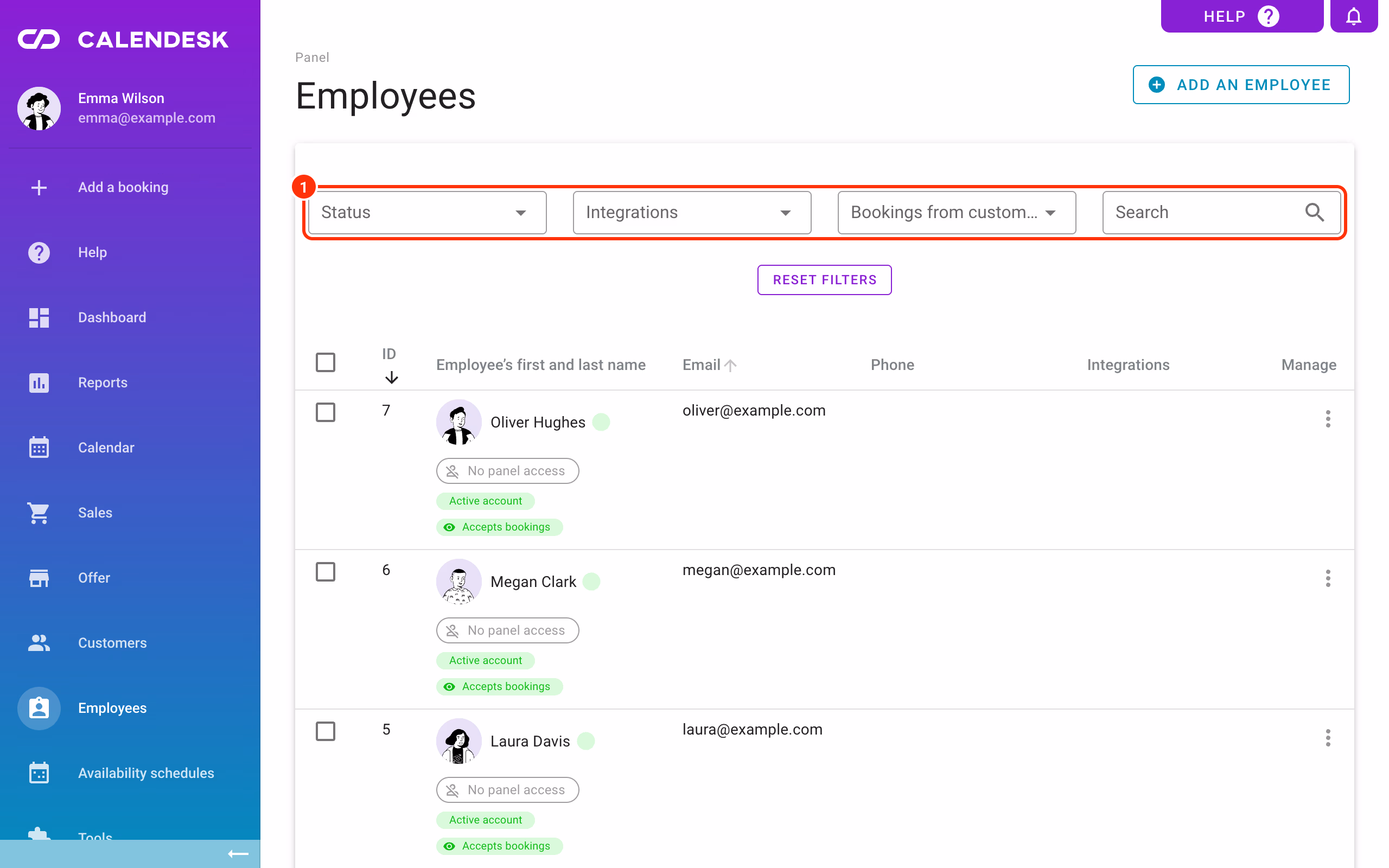 Filters above the employee list with the Search field.