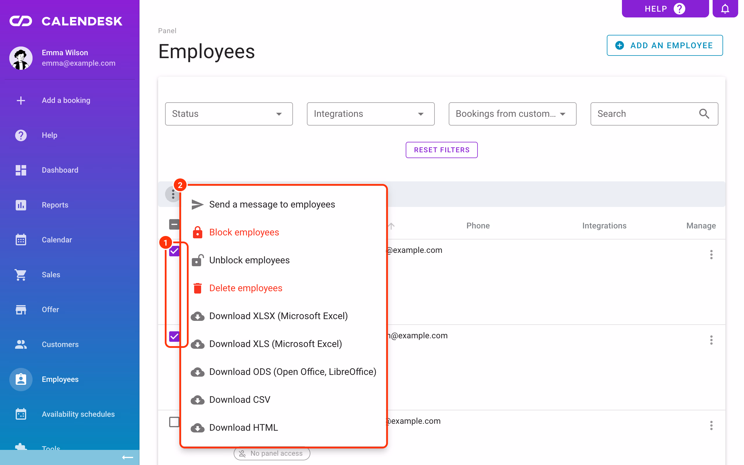Two selected employees and the bulk actions menu.