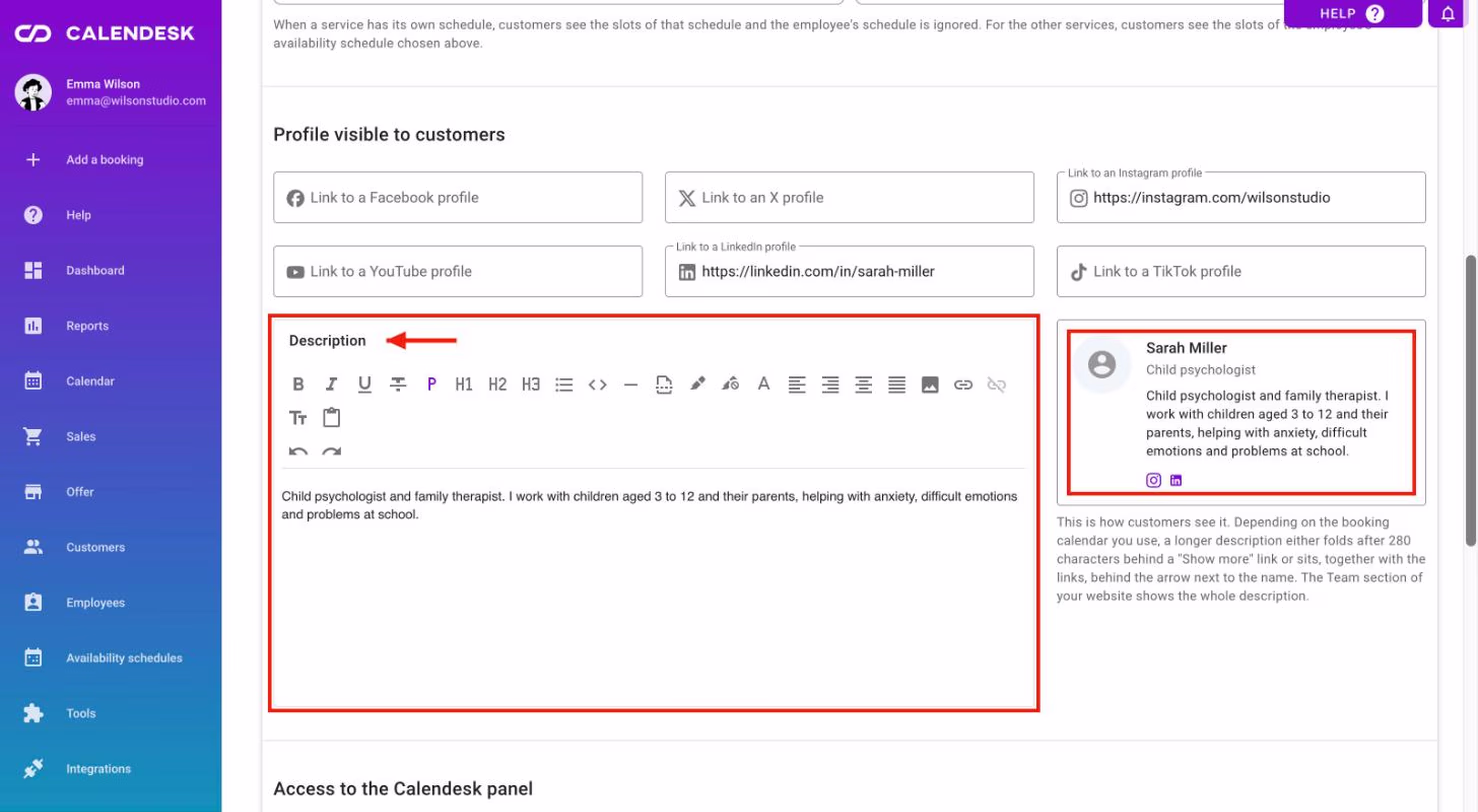 Profile visible to customers: description, profile links and the profile preview.