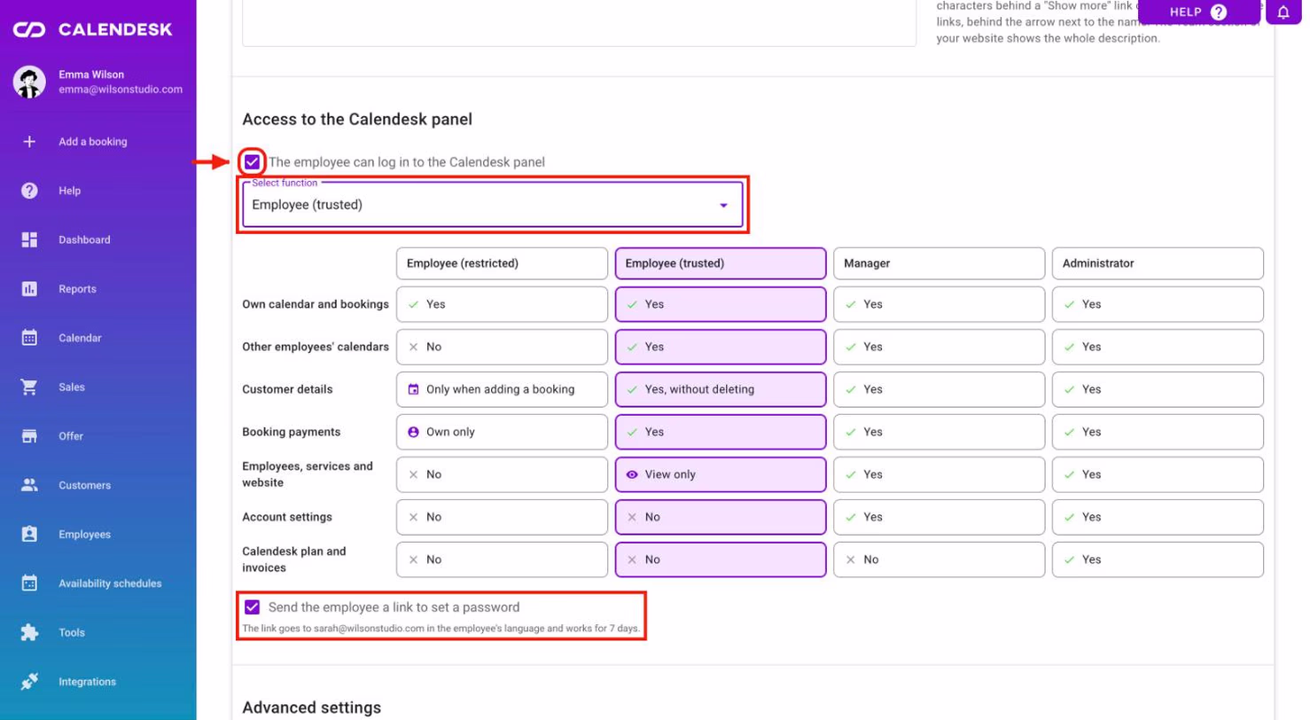 Access to the Calendesk panel: the chosen role, the role table and the set-password link.