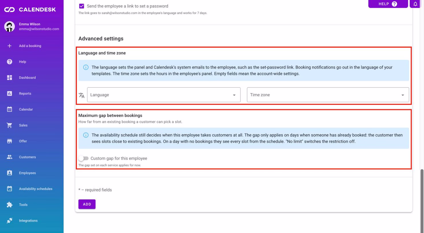 Advanced settings: language and time zone, and the maximum gap between bookings.